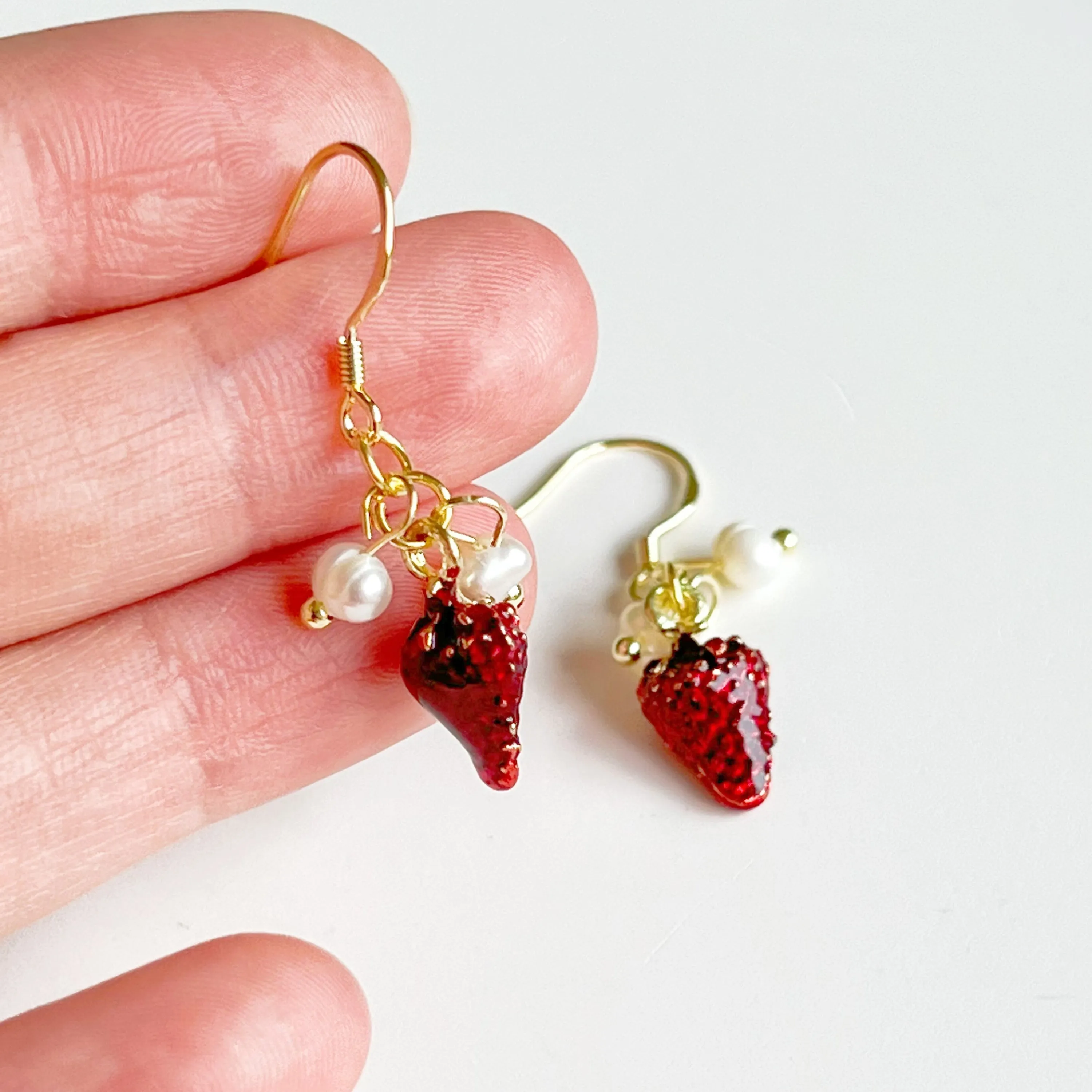 Strawberry and Pearl Mini Drop Earrings - Symbolic Gift Idea with Complimentary Box