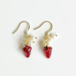 Strawberry and Pearl Mini Drop Earrings - Symbolic Gift Idea with Complimentary Box