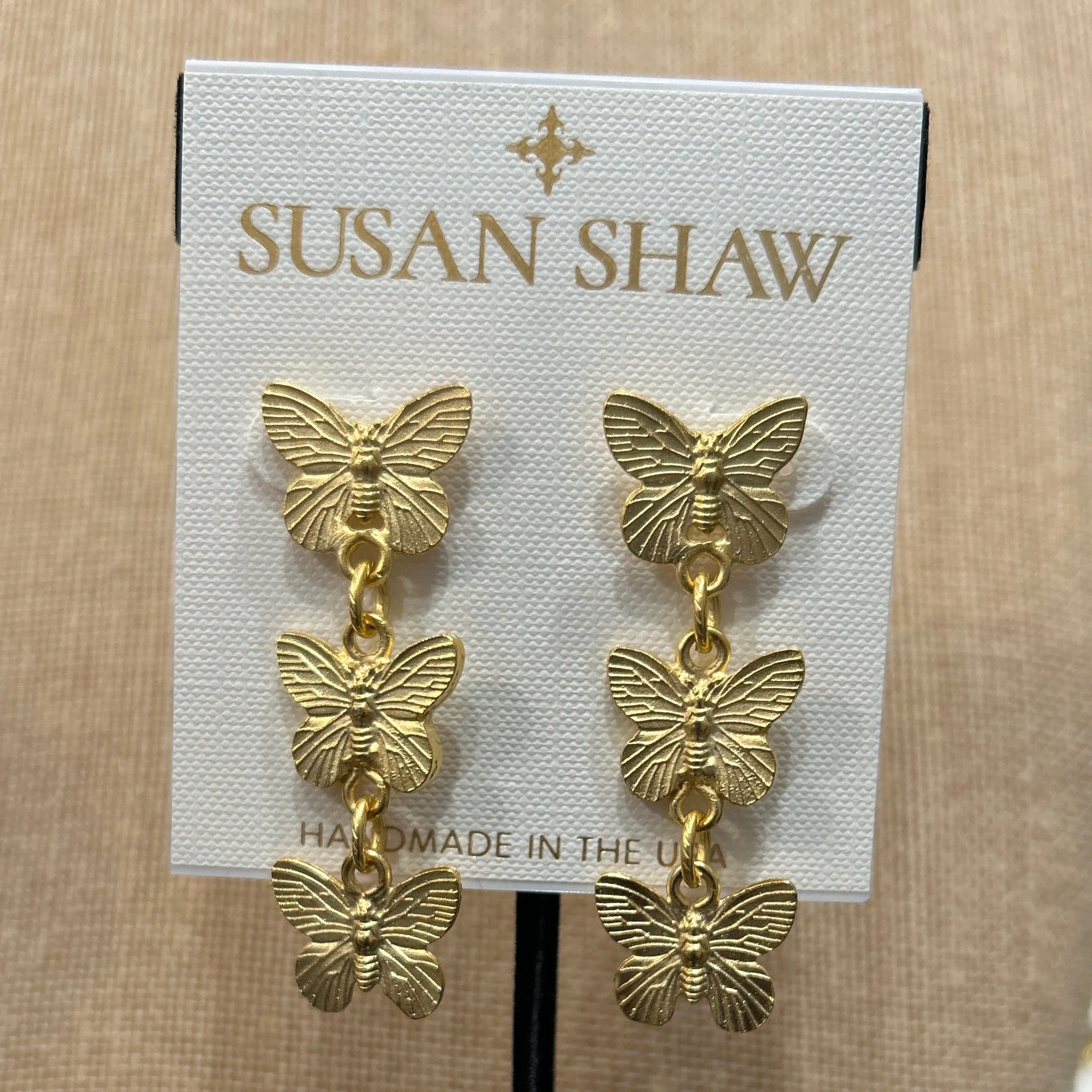 Susan Shawl:  Gold Post Butterfly Drop Earrings