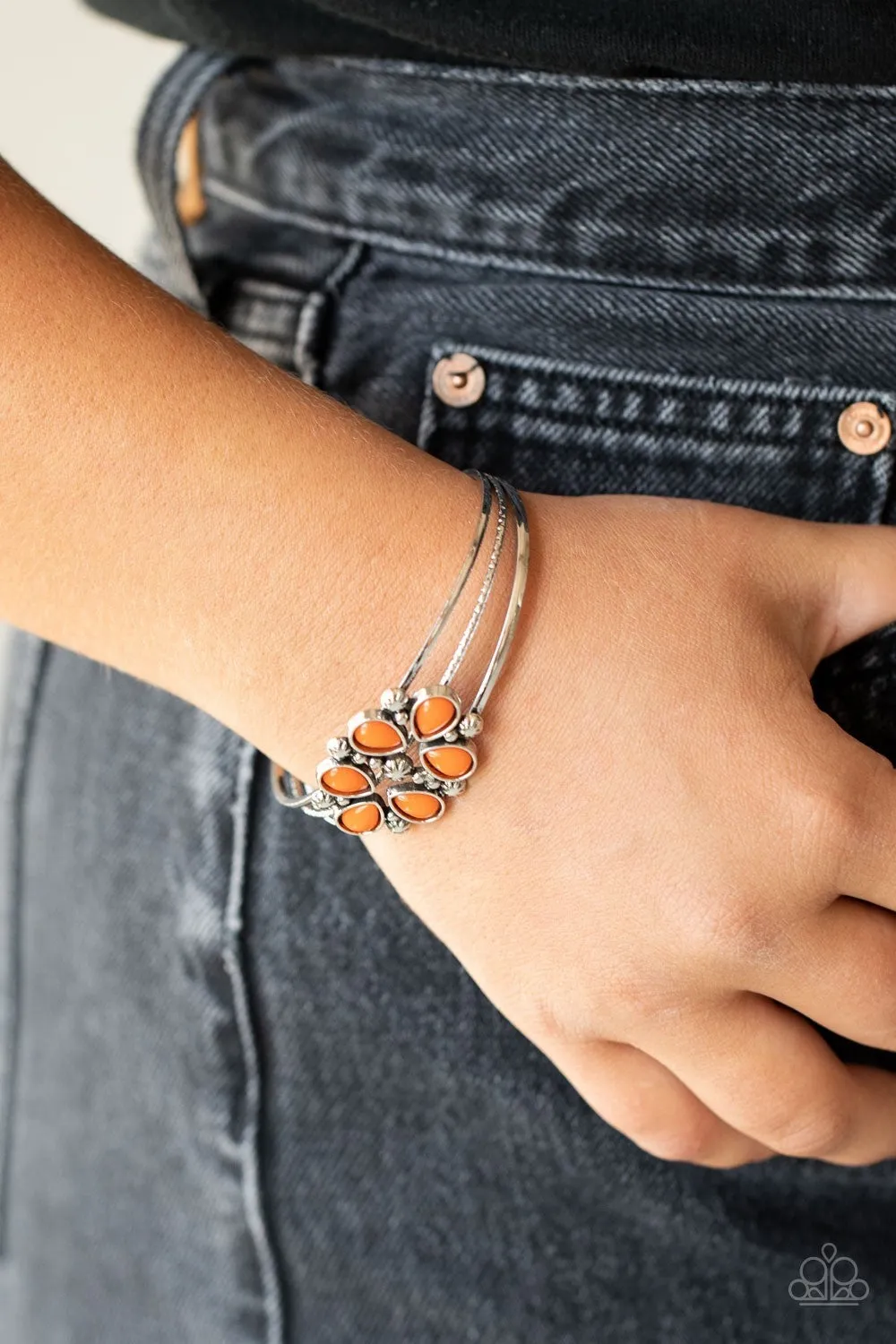 Taj Mahal Meadows - Orange - Teardrop Bead Flower Paparazzi Cuff Bracelets