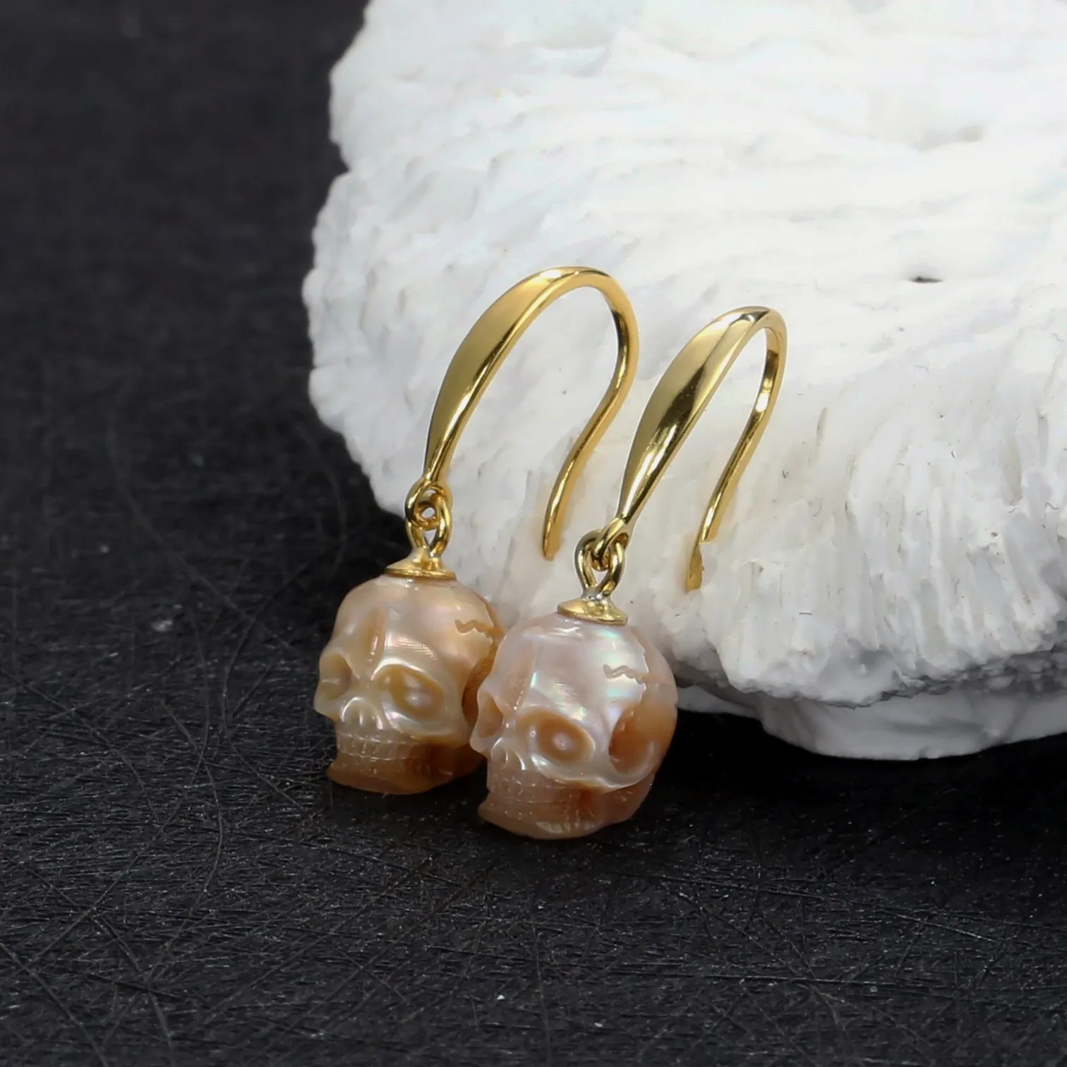 Tapered Pearl Skull Dangle Hook Earrings