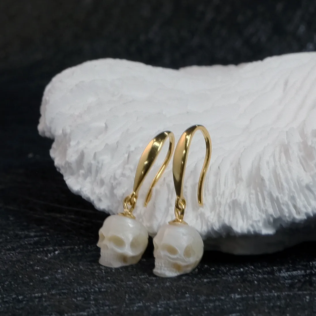 Tapered Pearl Skull Dangle Hook Earrings