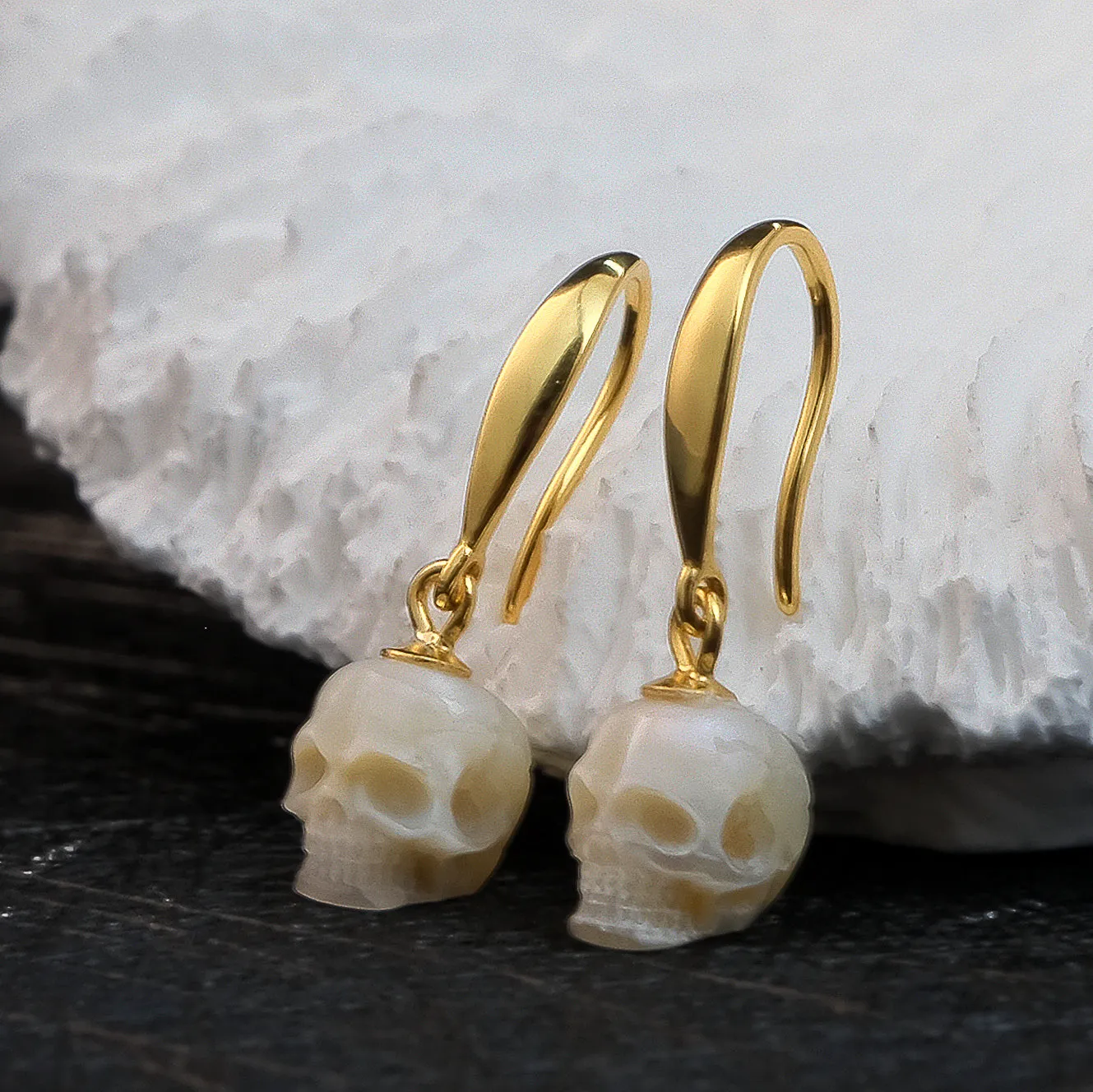 Tapered Pearl Skull Dangle Hook Earrings
