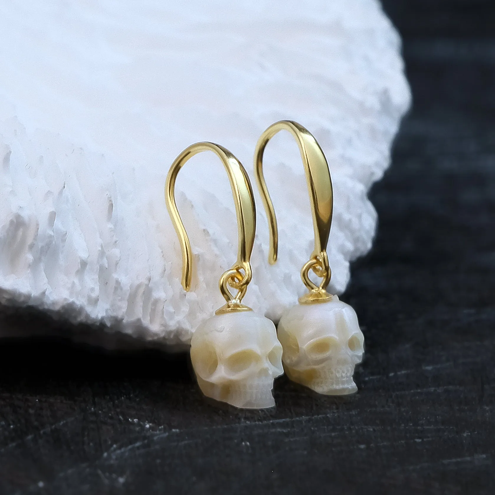 Tapered Pearl Skull Dangle Hook Earrings