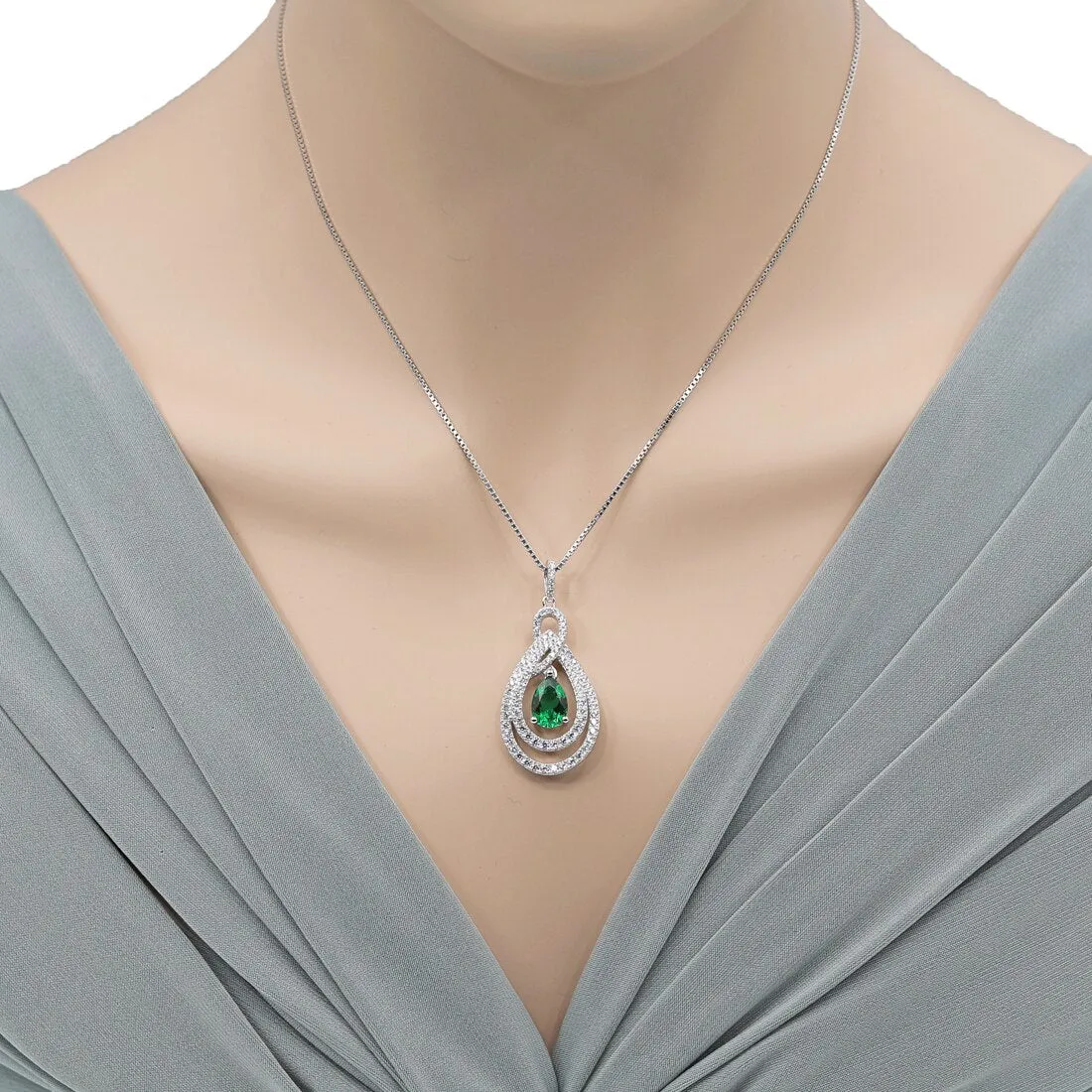 Tear Drop Simulated Emerald Sterling Silver Glamour Pendant Necklace 2 Carats