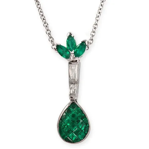Teardrop Style, Invisible Set Emerald And Diamond Necklace In 18k White Gold