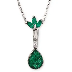 Teardrop Style, Invisible Set Emerald And Diamond Necklace In 18k White Gold
