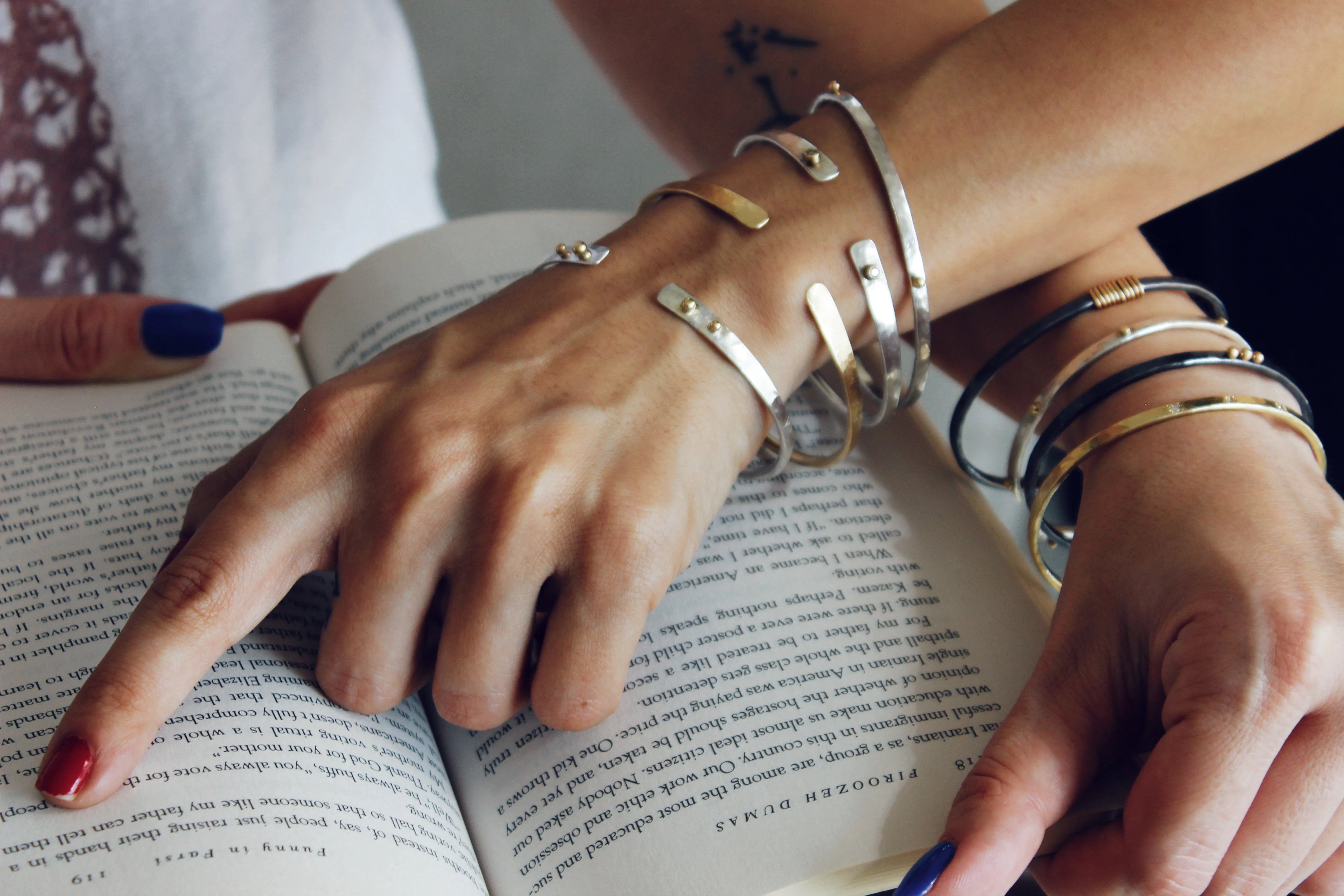 thin Oxidized sterling silver bracelet with five 14k gold
