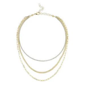 Three Layer Diamond Paper Clip Link Necklace