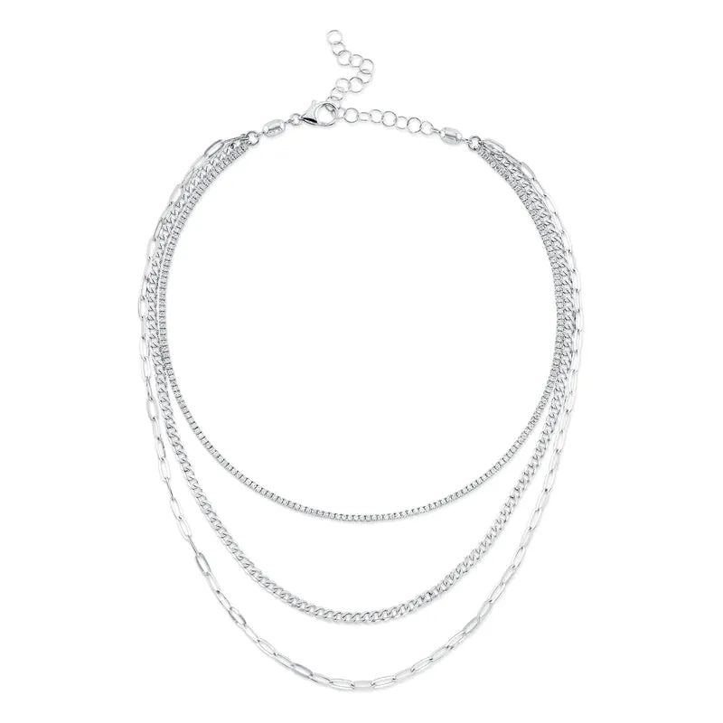 Three Layer Diamond Paper Clip Link Necklace