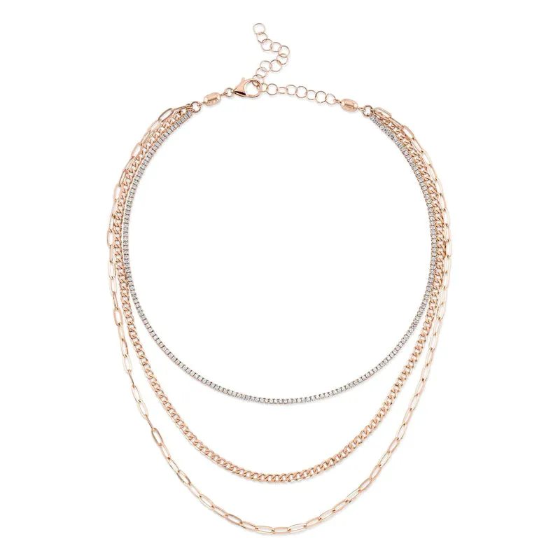 Three Layer Diamond Paper Clip Link Necklace
