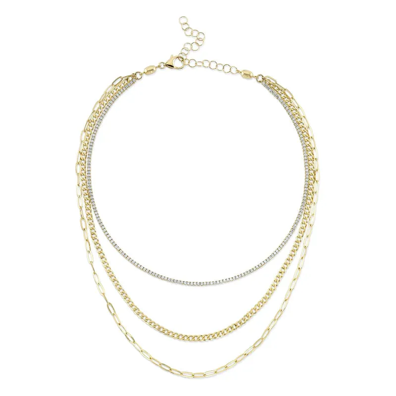 Three Layer Diamond Paper Clip Link Necklace