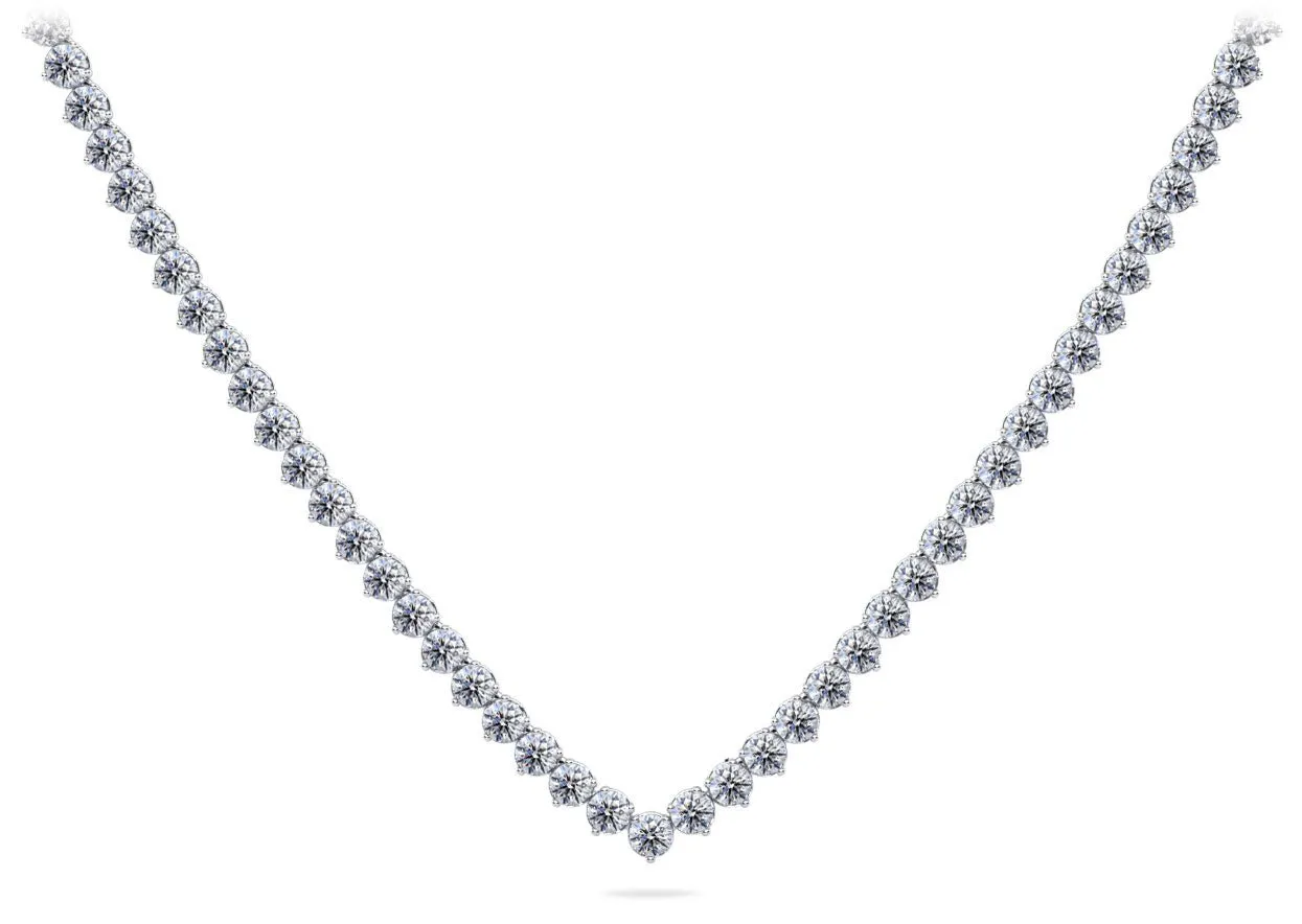 Timeless Three Prong Riviera V Neck Lab-Grown Diamond Necklace with 19.57 ct.(finished) 3.7mm