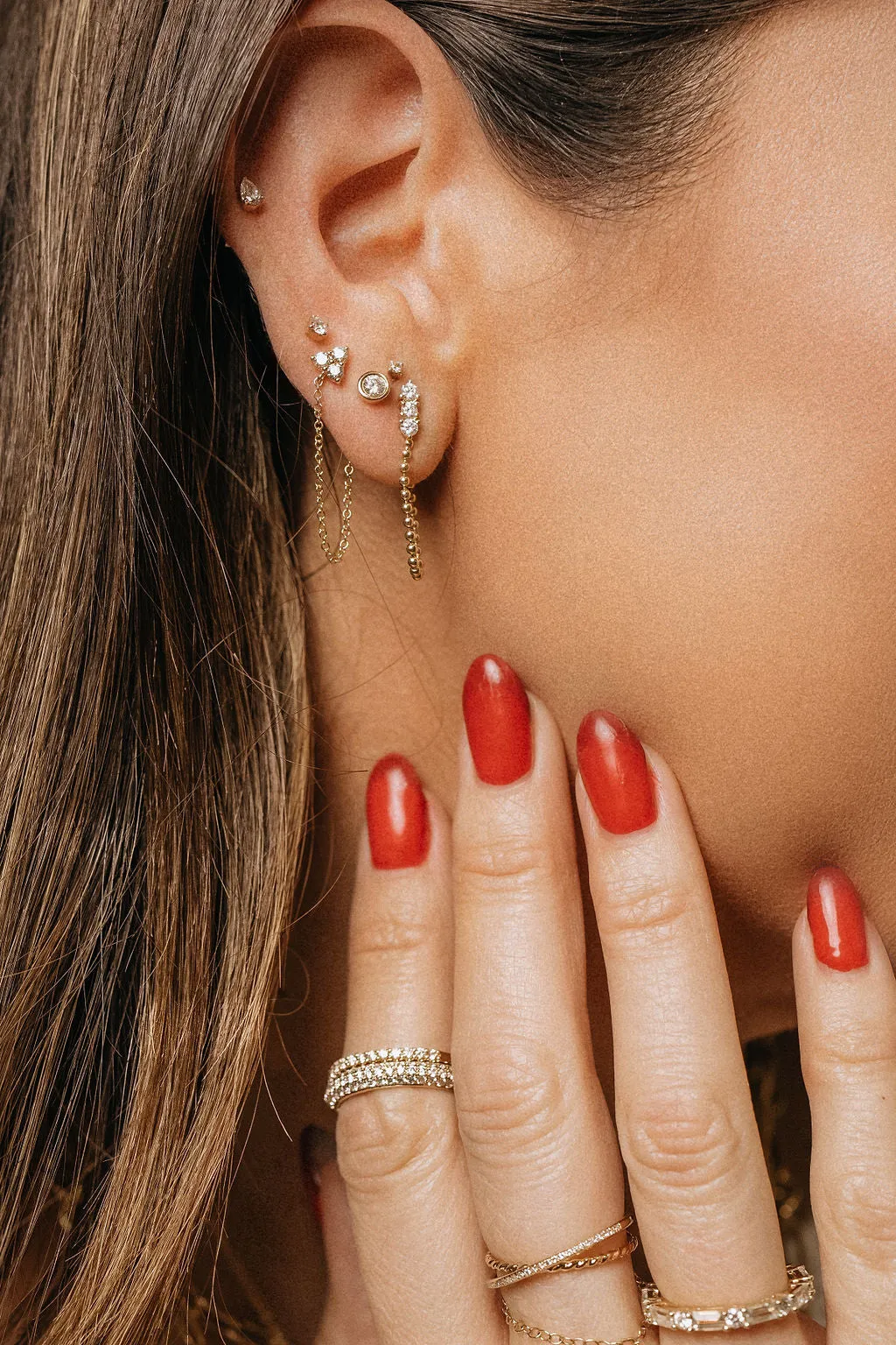 Trio Diamond & Chain Stud Earrings (Sold as Singles)
