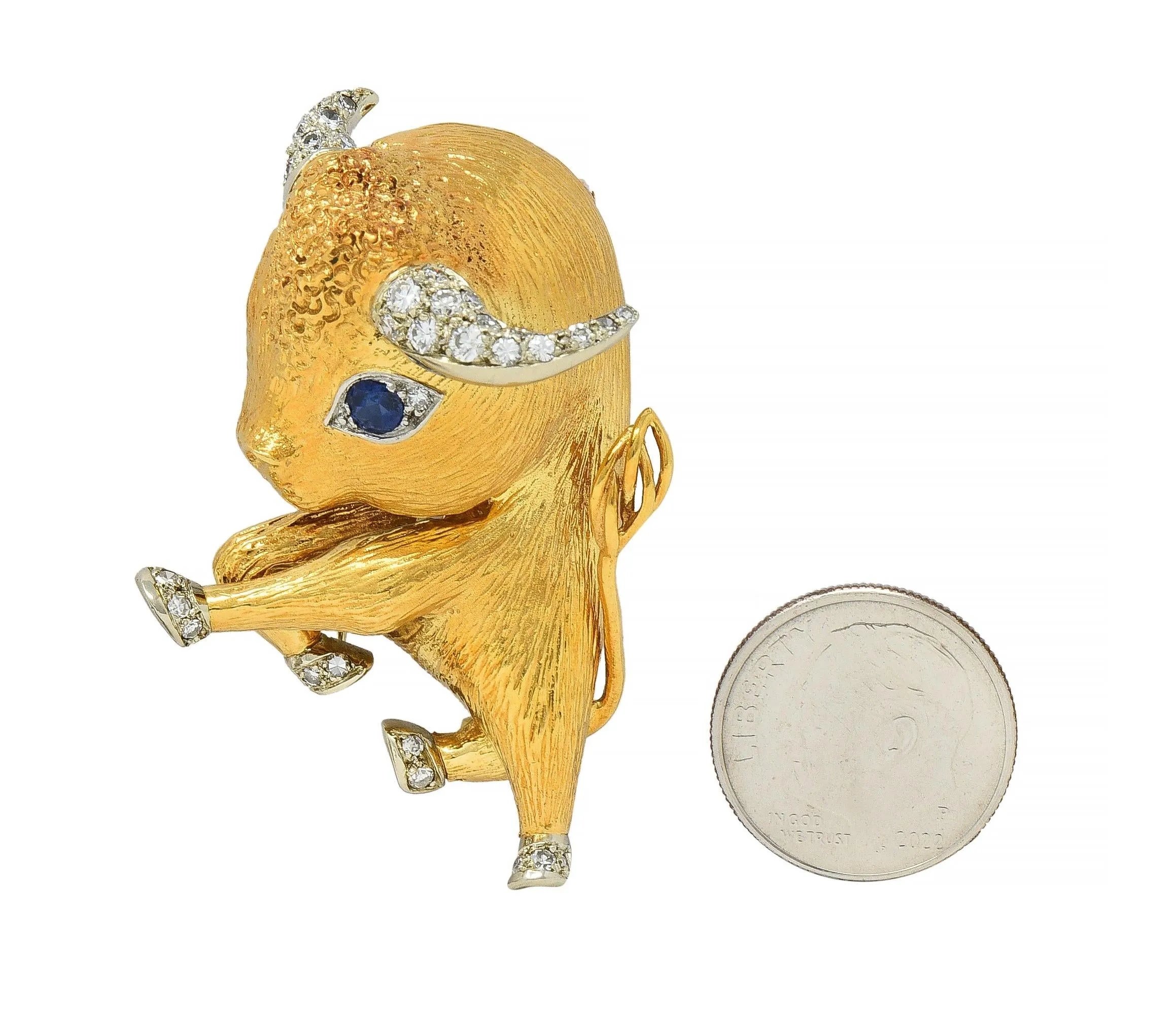Van Cleef & Arpels Paris Diamond Sapphire Platinum 18 Karat Gold Vintage Charming Animals Taurus Zodiac Bull Brooch