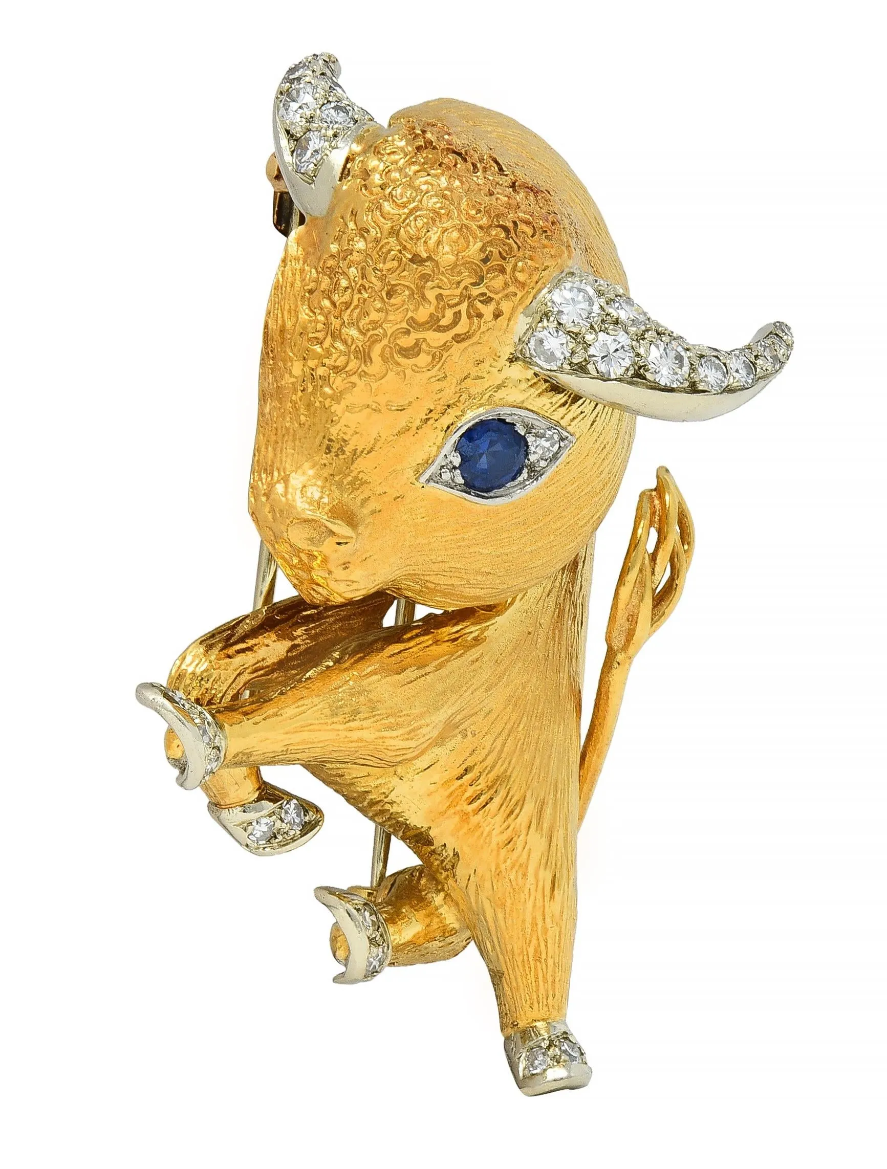 Van Cleef & Arpels Paris Diamond Sapphire Platinum 18 Karat Gold Vintage Charming Animals Taurus Zodiac Bull Brooch