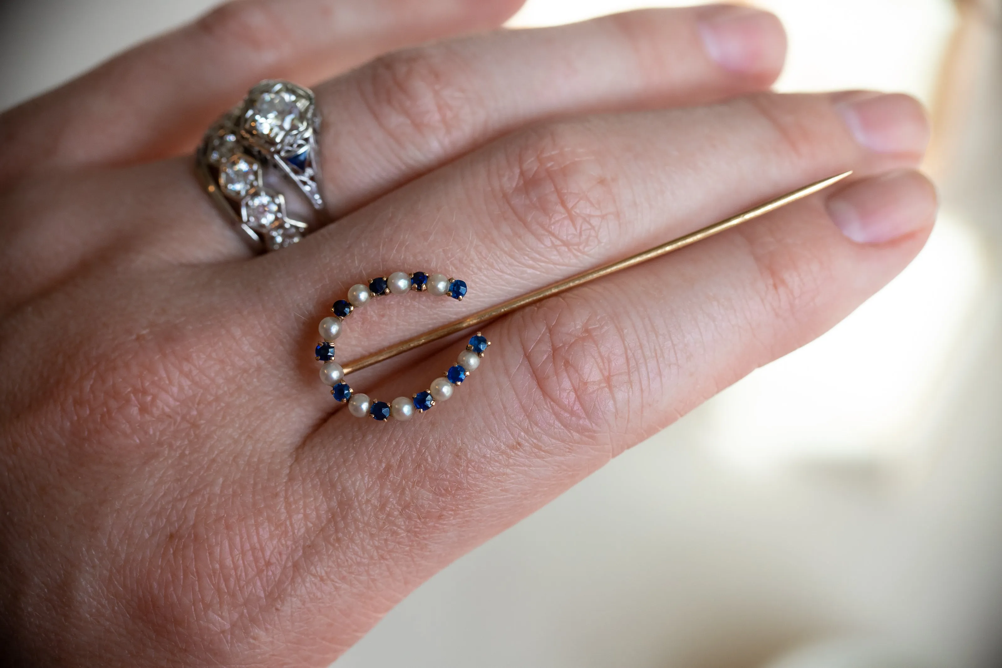 Victorian 14k 1.42 CTW Sapphire & Pearl Large Horseshoe Stick Pin