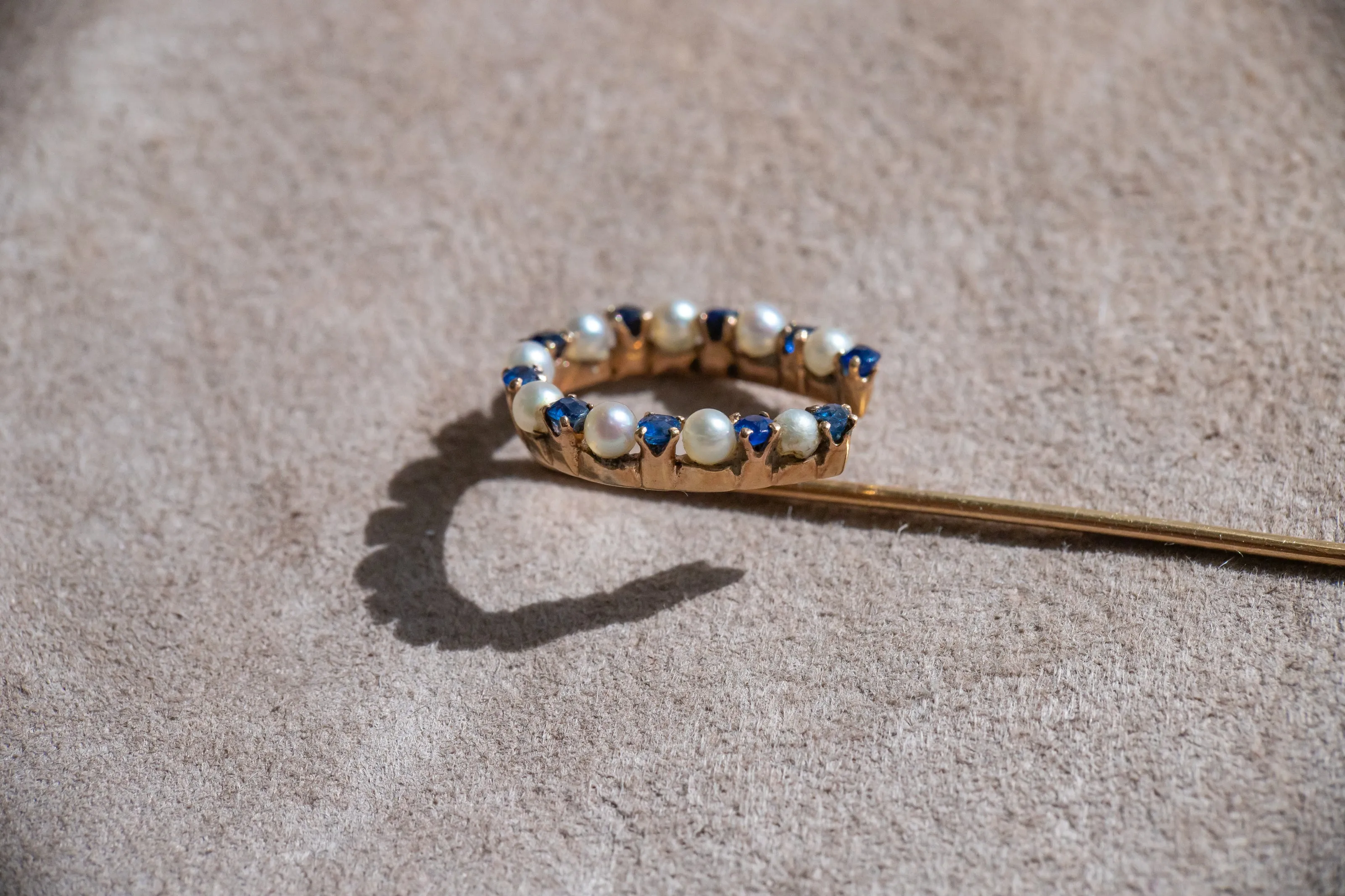 Victorian 14k 1.42 CTW Sapphire & Pearl Large Horseshoe Stick Pin