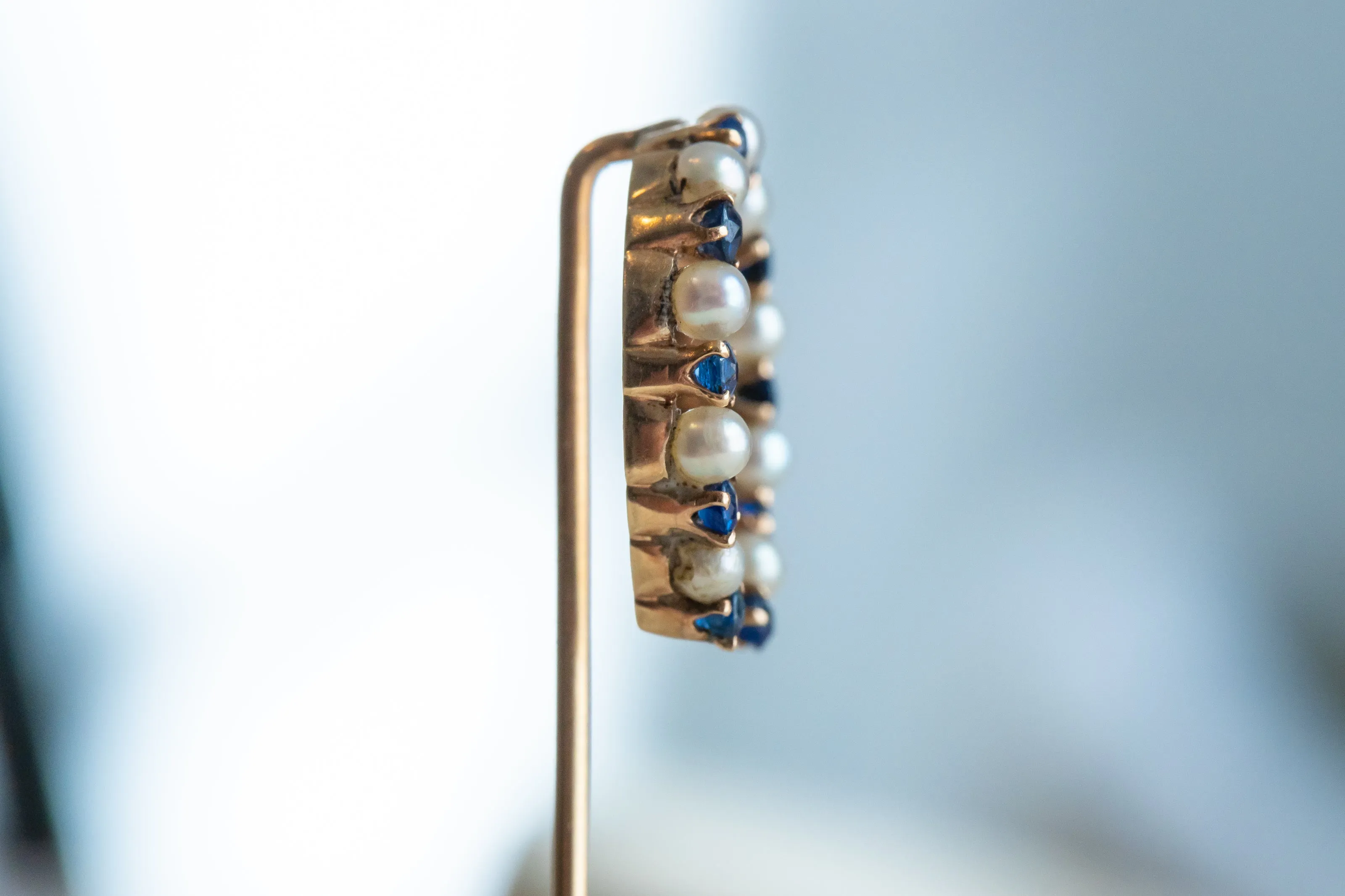 Victorian 14k 1.42 CTW Sapphire & Pearl Large Horseshoe Stick Pin