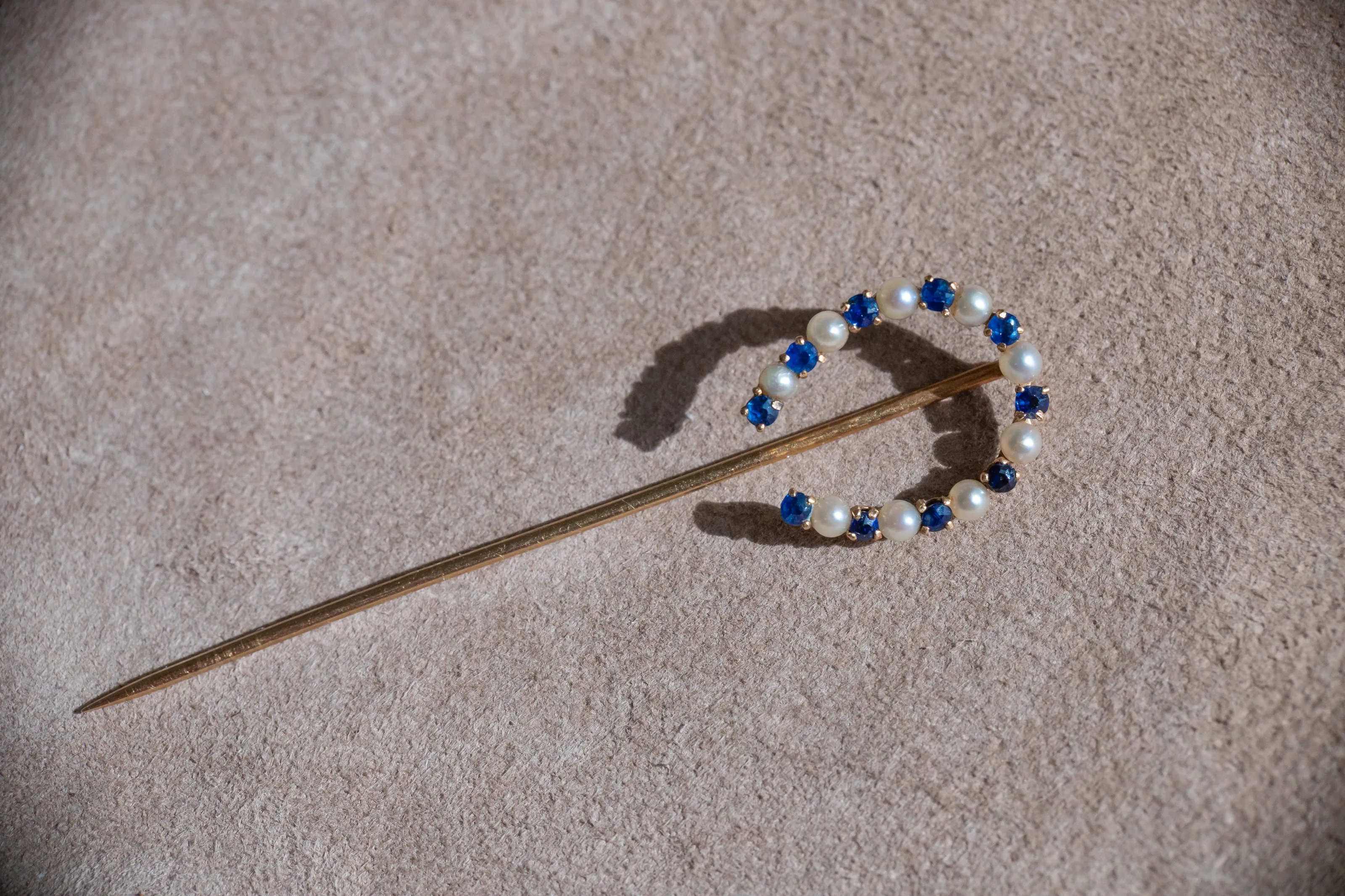 Victorian 14k 1.42 CTW Sapphire & Pearl Large Horseshoe Stick Pin