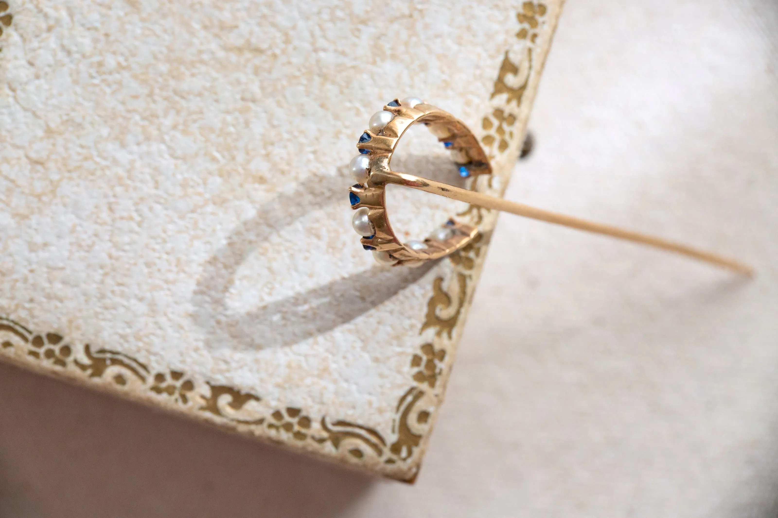 Victorian 14k 1.42 CTW Sapphire & Pearl Large Horseshoe Stick Pin