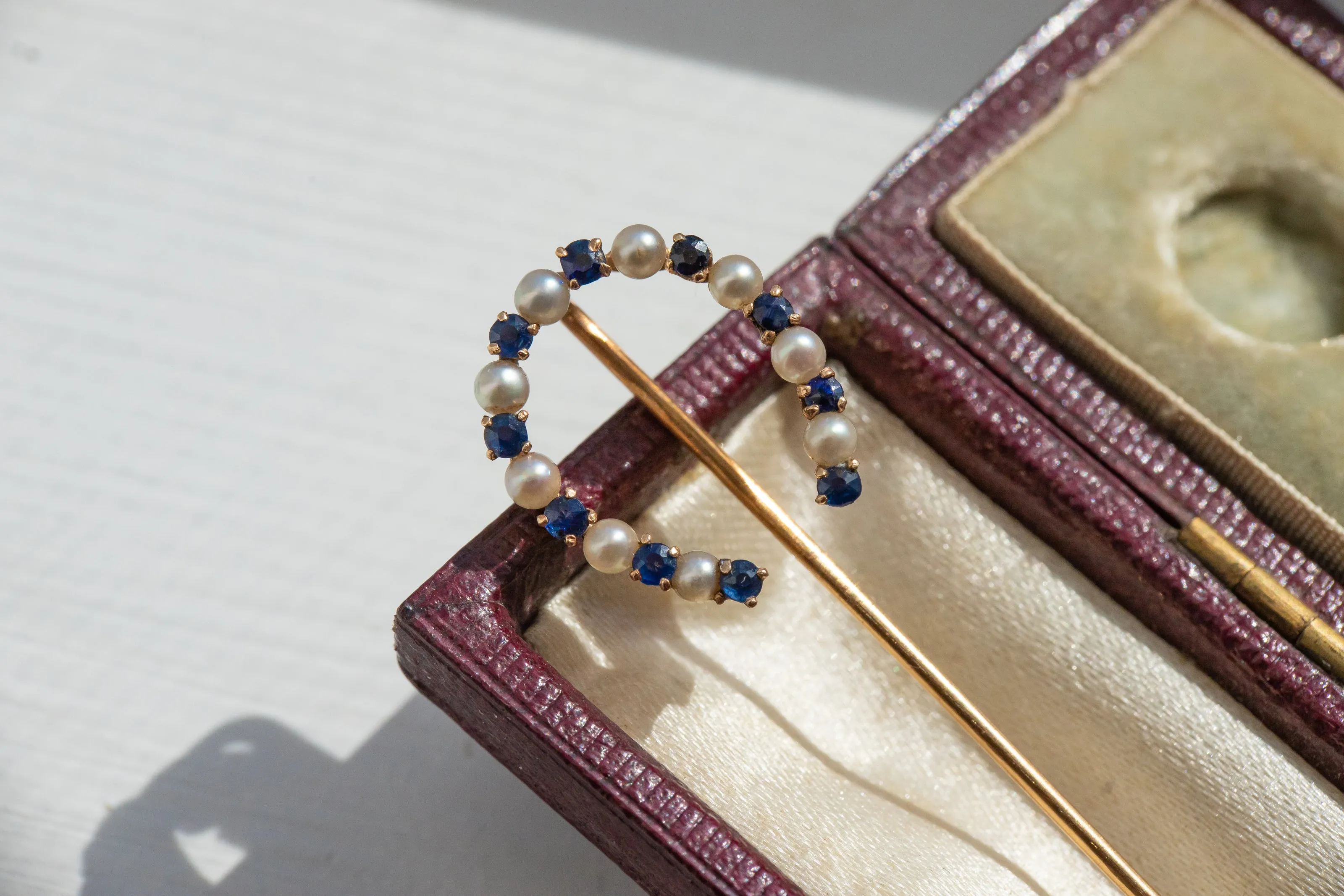 Victorian 14k 1.42 CTW Sapphire & Pearl Large Horseshoe Stick Pin