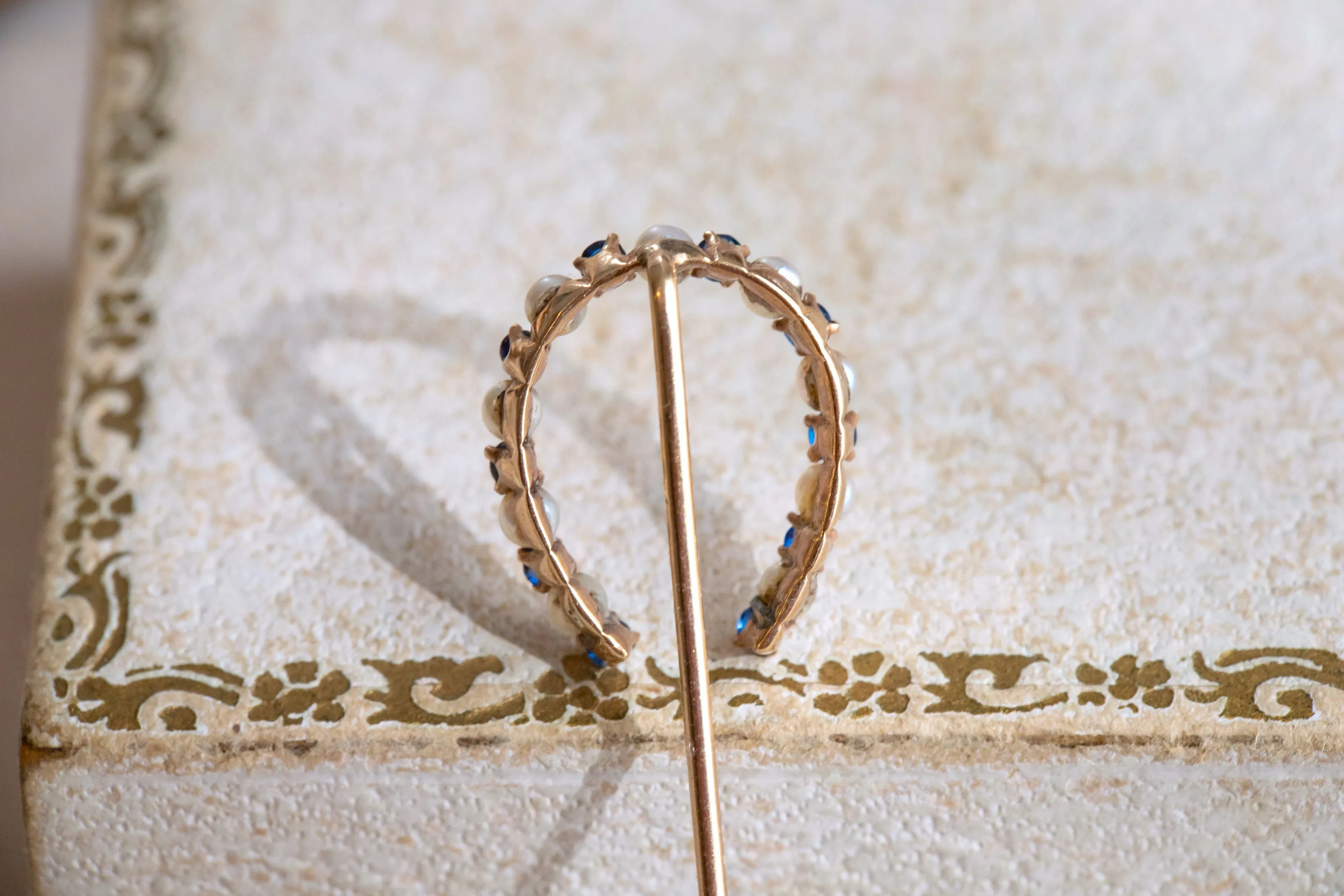 Victorian 14k 1.42 CTW Sapphire & Pearl Large Horseshoe Stick Pin
