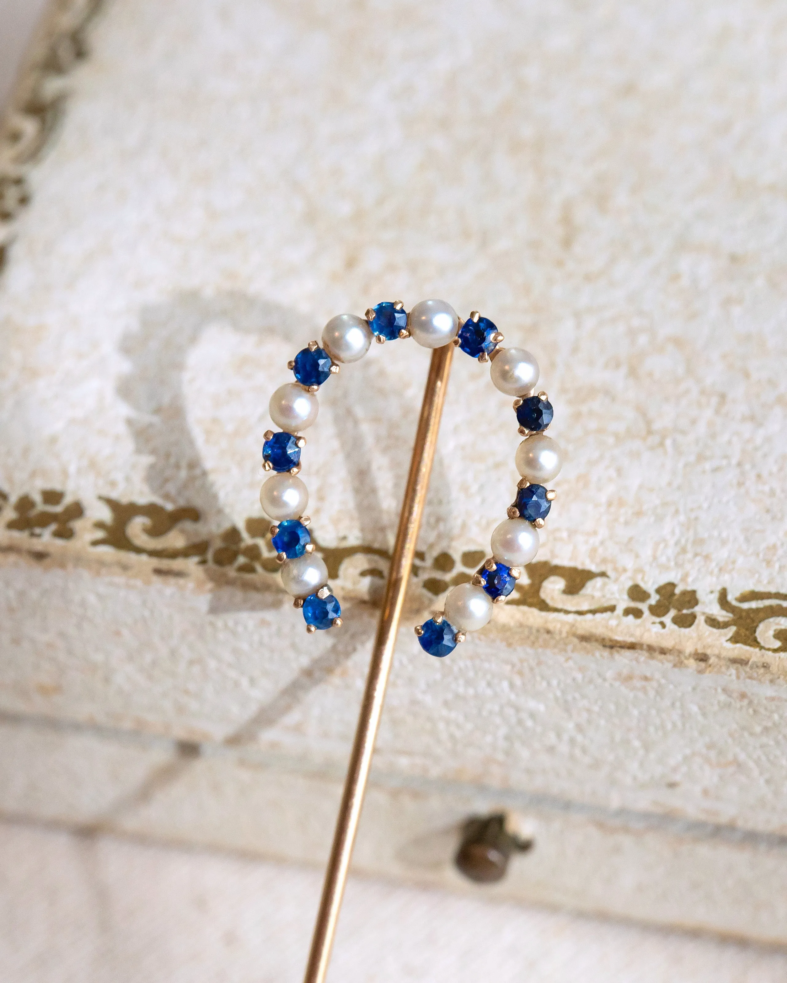 Victorian 14k 1.42 CTW Sapphire & Pearl Large Horseshoe Stick Pin