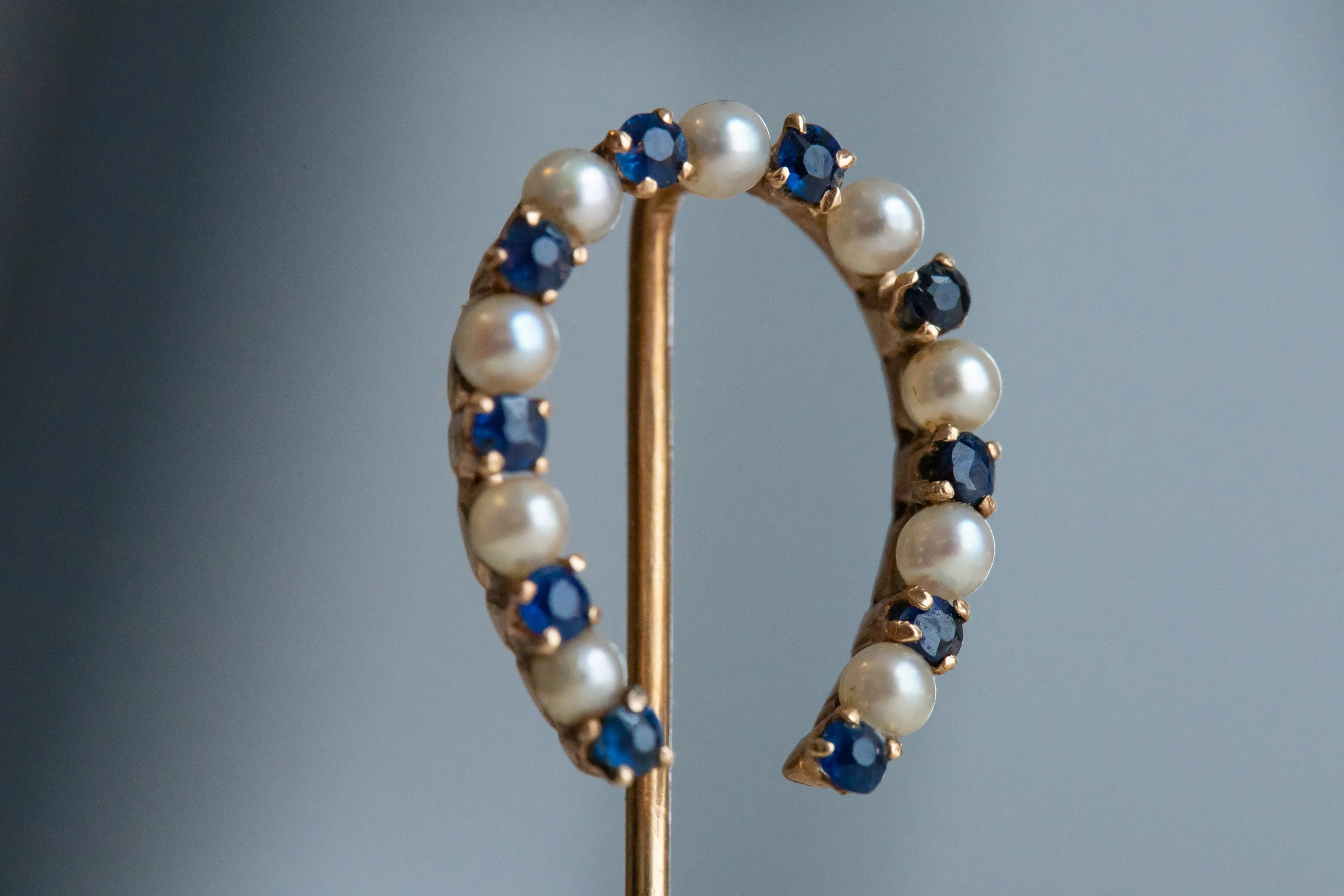 Victorian 14k 1.42 CTW Sapphire & Pearl Large Horseshoe Stick Pin