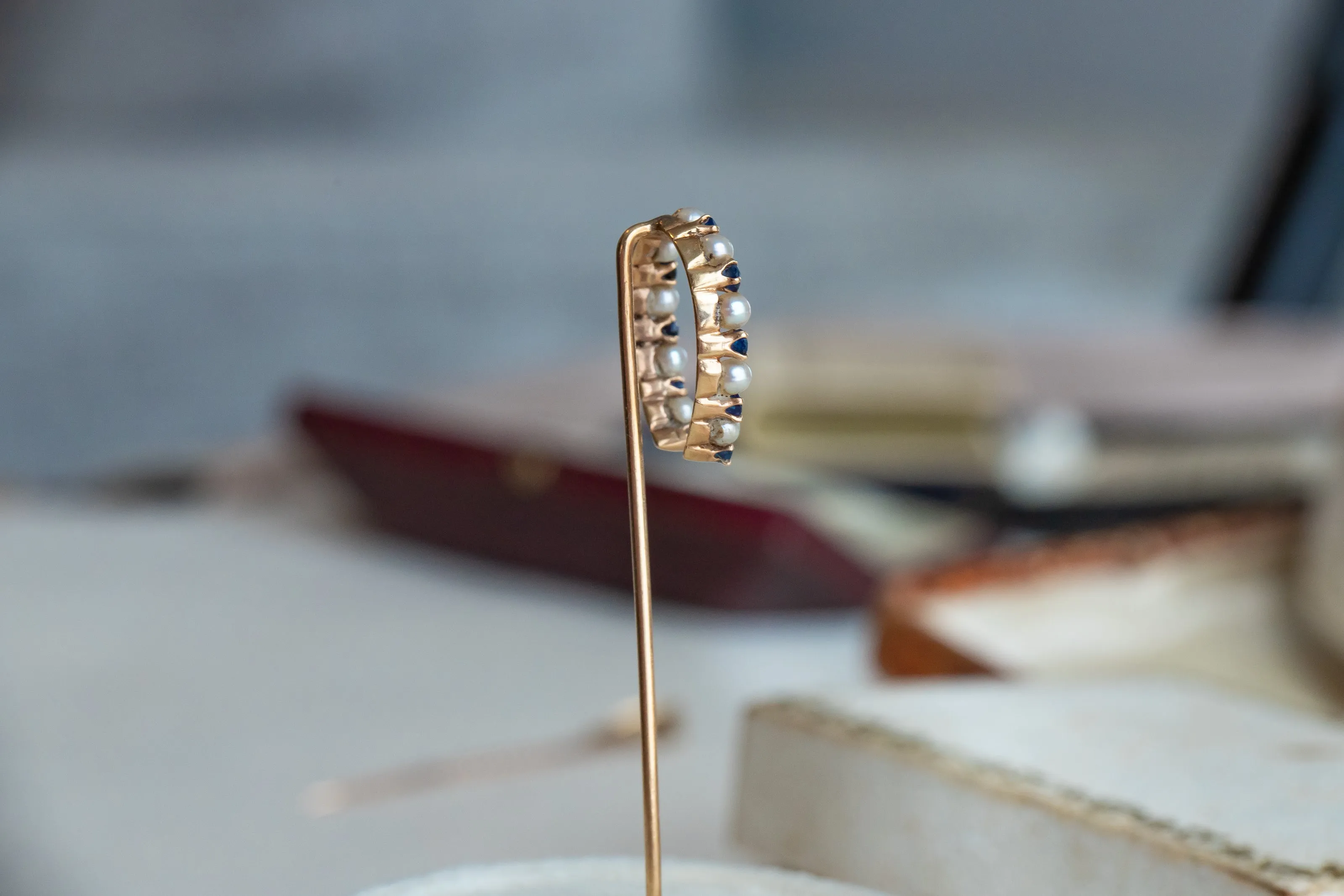 Victorian 14k 1.42 CTW Sapphire & Pearl Large Horseshoe Stick Pin