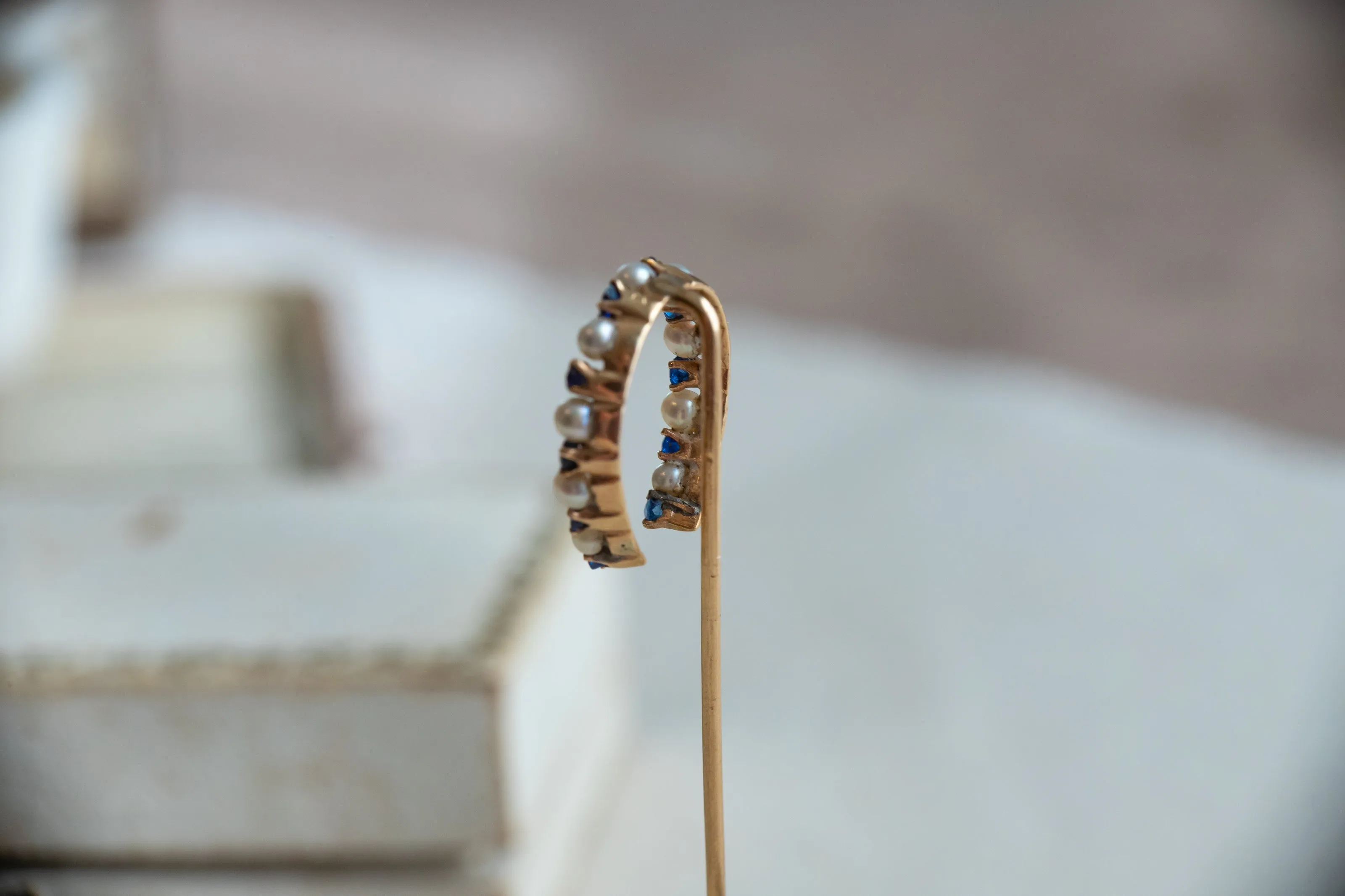 Victorian 14k 1.42 CTW Sapphire & Pearl Large Horseshoe Stick Pin