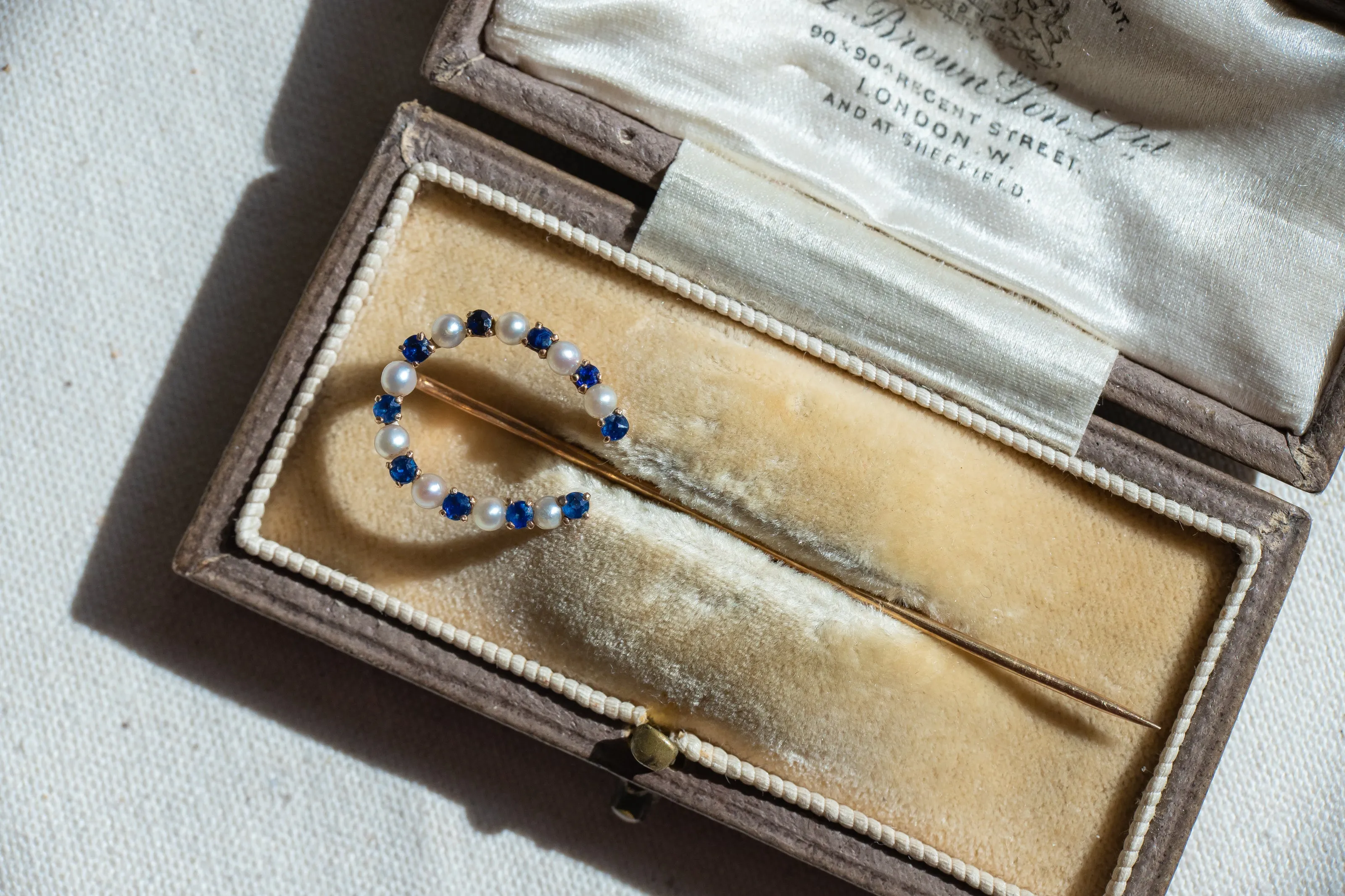 Victorian 14k 1.42 CTW Sapphire & Pearl Large Horseshoe Stick Pin