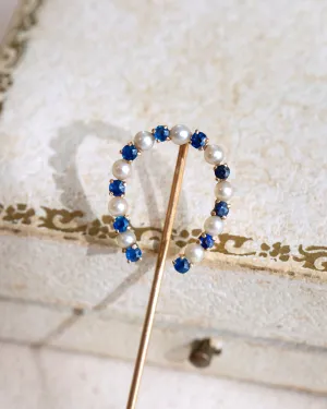 Victorian 14k 1.42 CTW Sapphire & Pearl Large Horseshoe Stick Pin