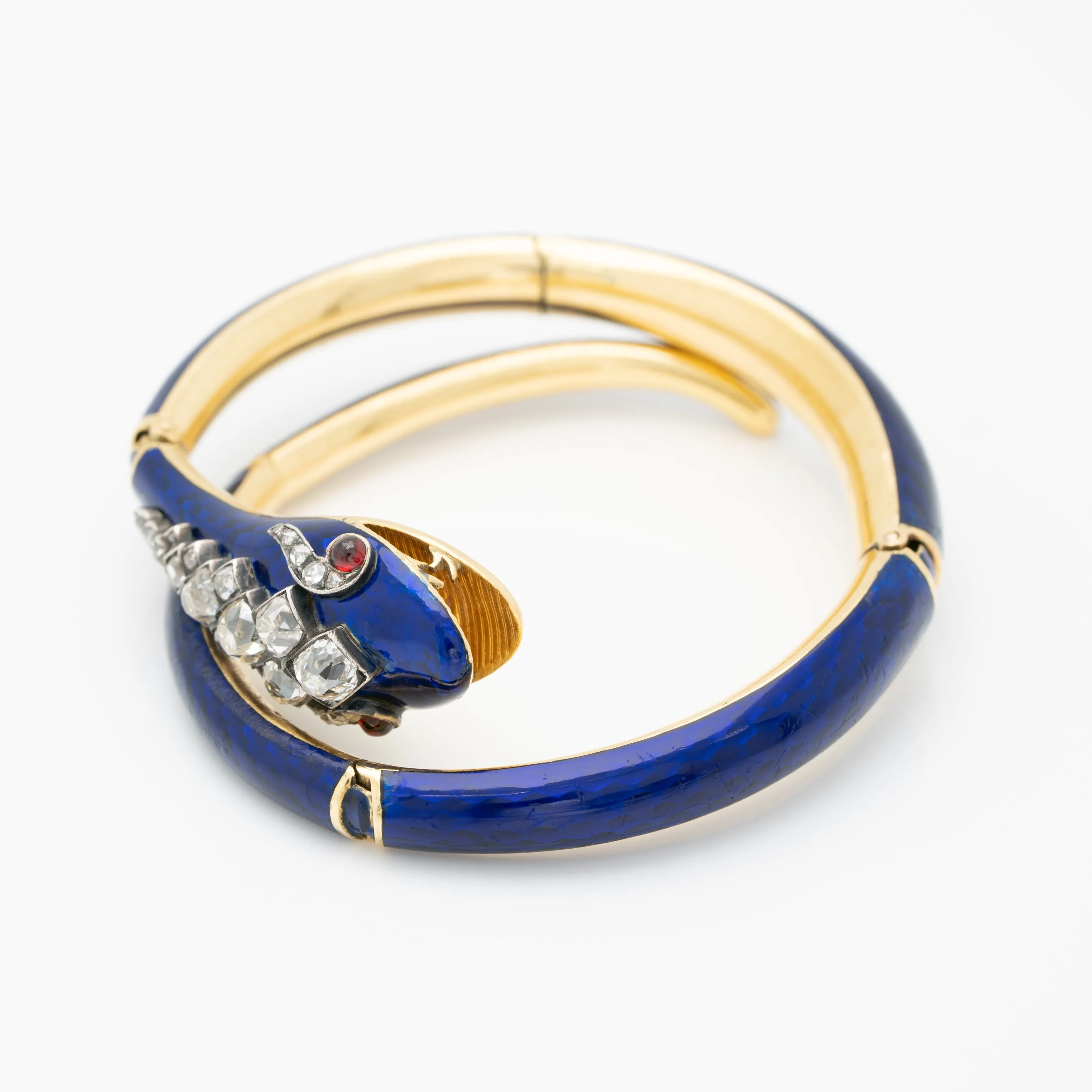 VICTORIAN 18K YELLOW GOLD, BLUE ENAMEL AND 3.0CTS OLD MINE CUT DIAMOND SNAKE WRAP BRACELET c.1880