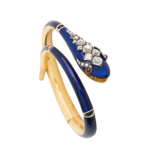 VICTORIAN 18K YELLOW GOLD, BLUE ENAMEL AND 3.0CTS OLD MINE CUT DIAMOND SNAKE WRAP BRACELET c.1880