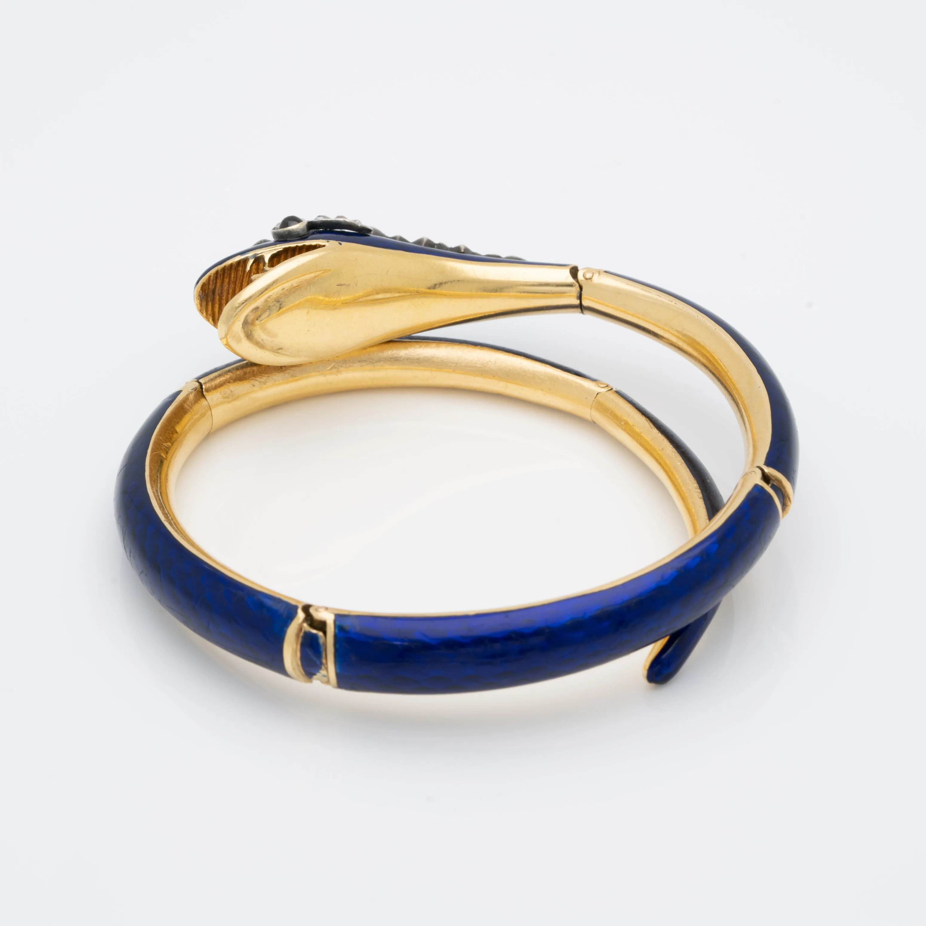 VICTORIAN 18K YELLOW GOLD, BLUE ENAMEL AND 3.0CTS OLD MINE CUT DIAMOND SNAKE WRAP BRACELET c.1880