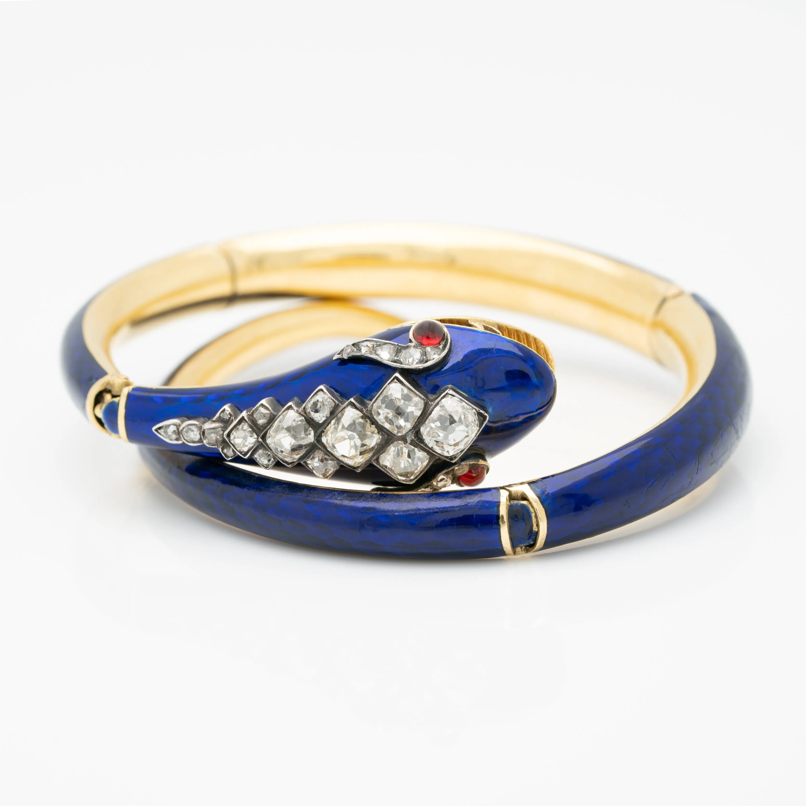 VICTORIAN 18K YELLOW GOLD, BLUE ENAMEL AND 3.0CTS OLD MINE CUT DIAMOND SNAKE WRAP BRACELET c.1880