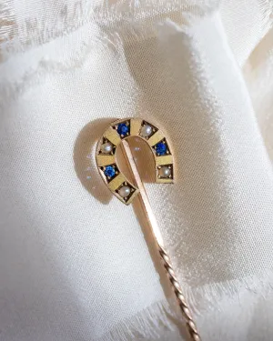 Victorian c. 1896 9k Bloomed Gold Sapphire Paste & Seed Pearl Horseshoe Stick Pin by William Walter Cashmore of Chester, UK