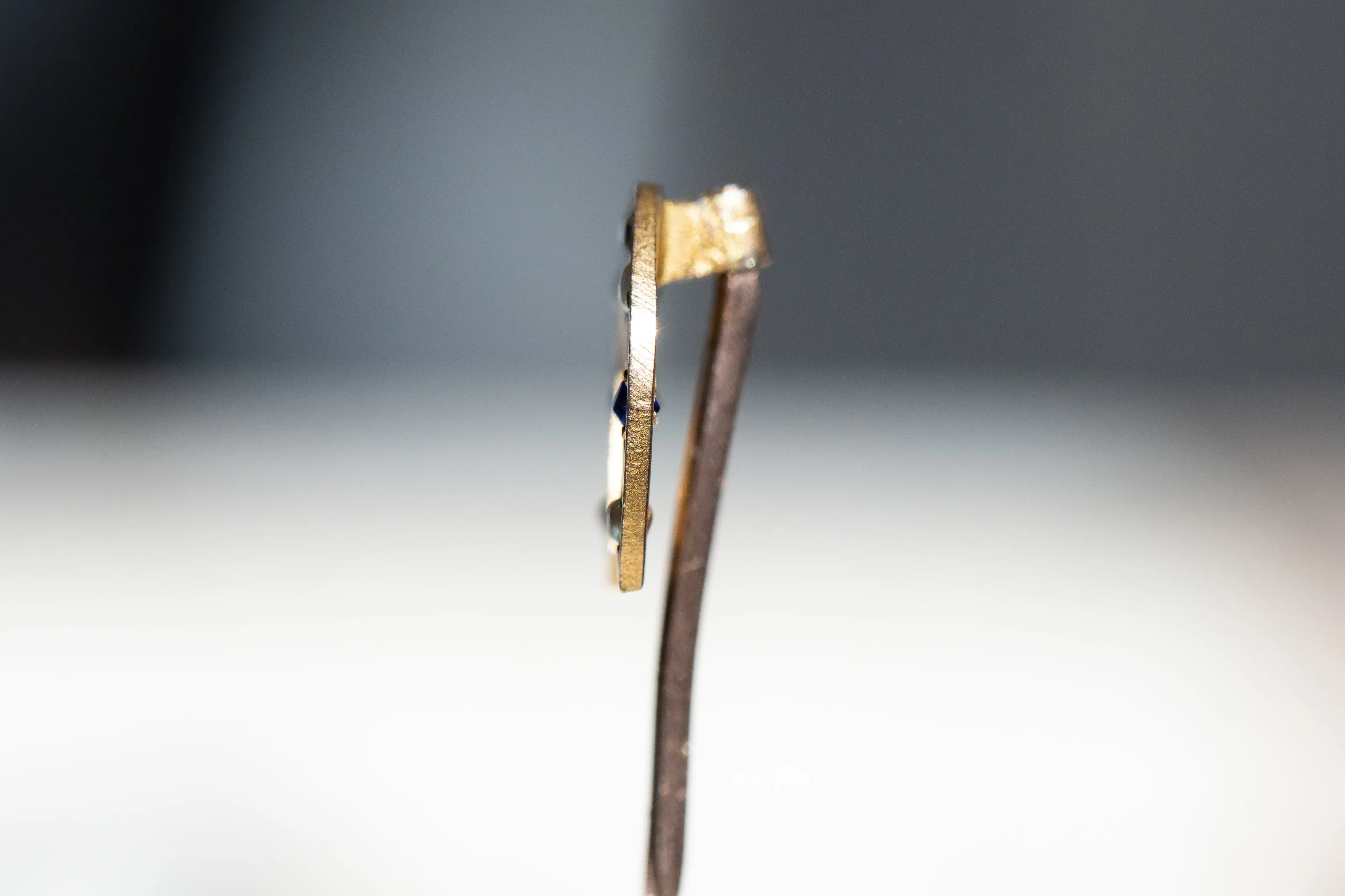 Victorian c. 1896 9k Bloomed Gold Sapphire Paste & Seed Pearl Horseshoe Stick Pin by William Walter Cashmore of Chester, UK