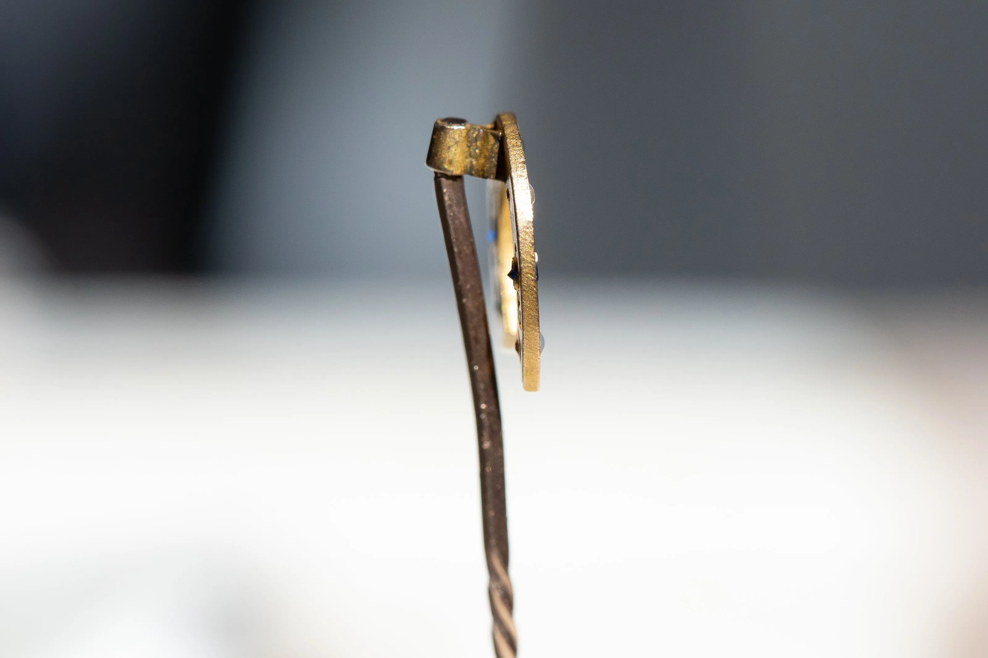 Victorian c. 1896 9k Bloomed Gold Sapphire Paste & Seed Pearl Horseshoe Stick Pin by William Walter Cashmore of Chester, UK