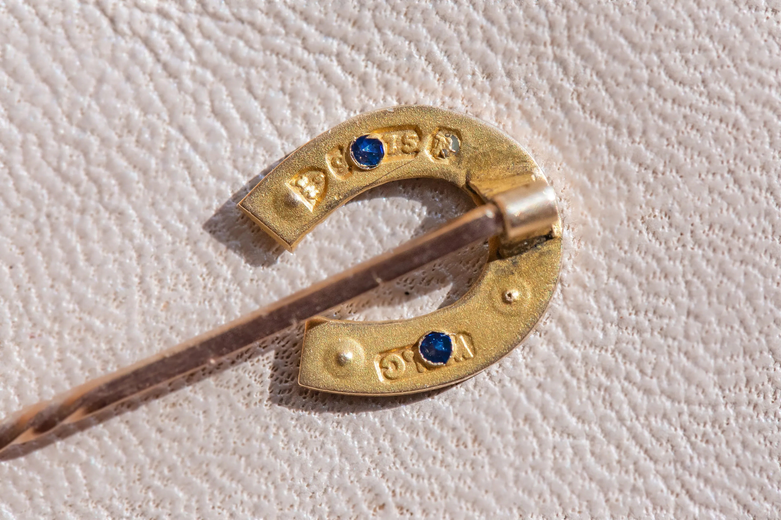 Victorian c. 1896 9k Bloomed Gold Sapphire Paste & Seed Pearl Horseshoe Stick Pin by William Walter Cashmore of Chester, UK