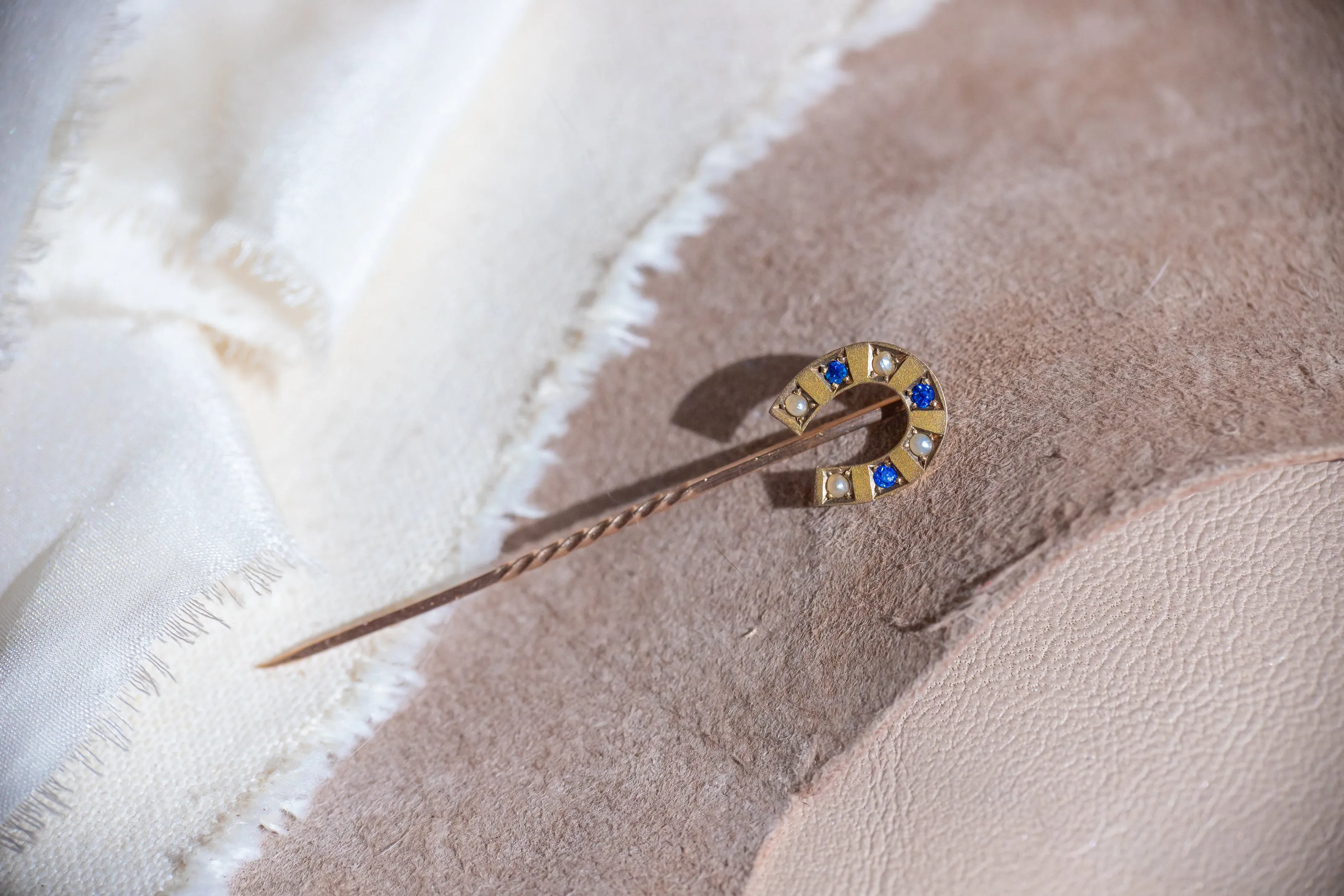 Victorian c. 1896 9k Bloomed Gold Sapphire Paste & Seed Pearl Horseshoe Stick Pin by William Walter Cashmore of Chester, UK