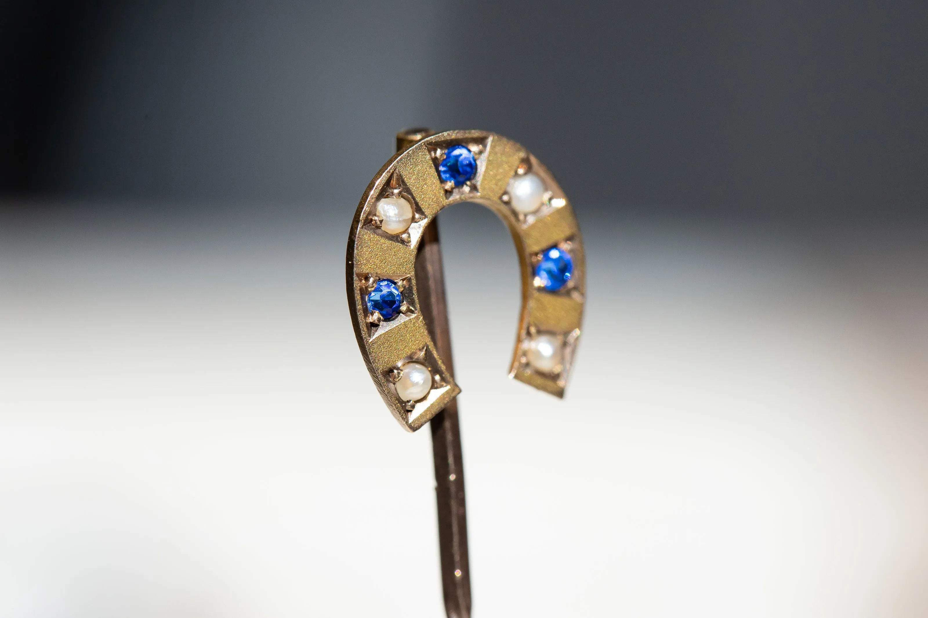 Victorian c. 1896 9k Bloomed Gold Sapphire Paste & Seed Pearl Horseshoe Stick Pin by William Walter Cashmore of Chester, UK