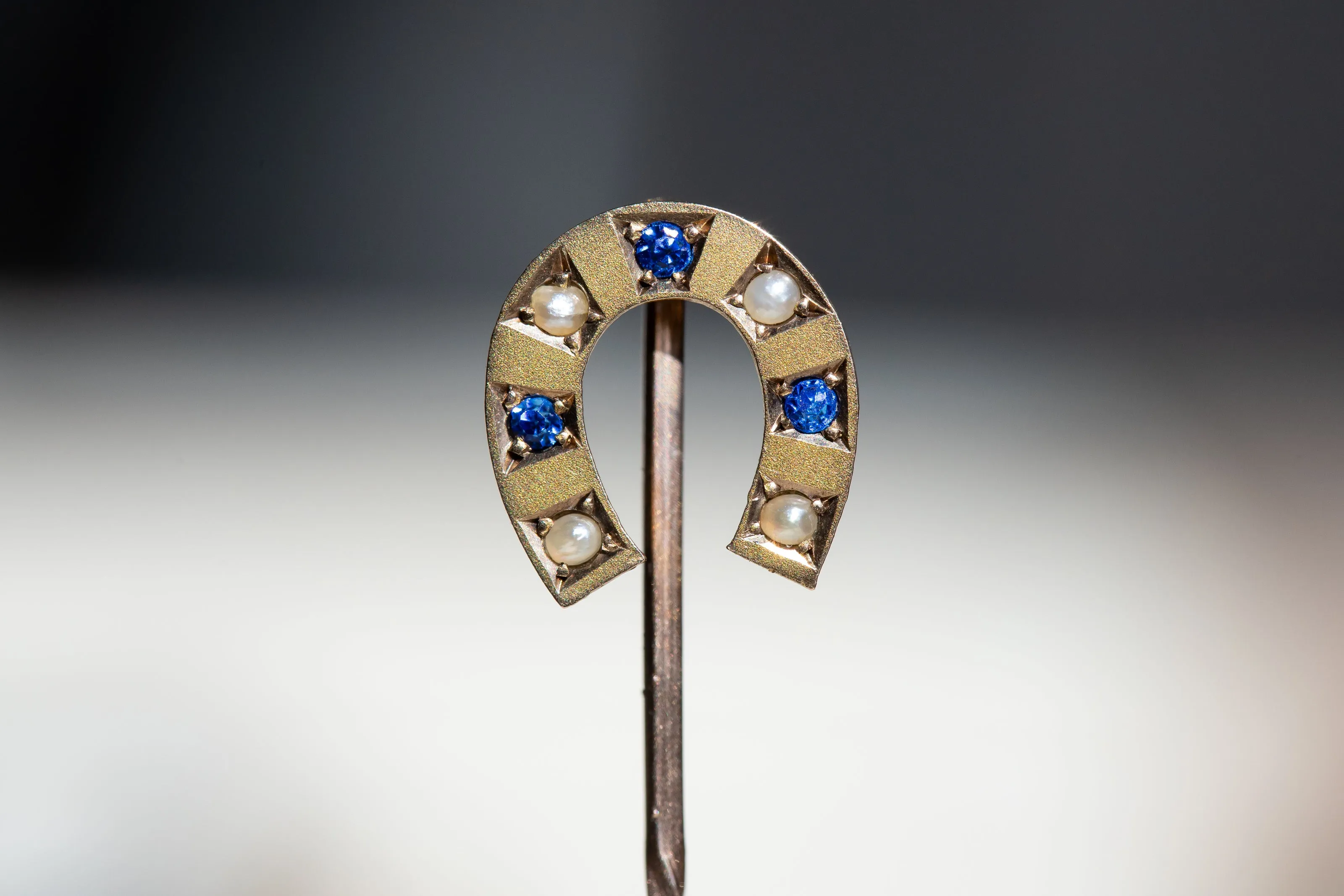 Victorian c. 1896 9k Bloomed Gold Sapphire Paste & Seed Pearl Horseshoe Stick Pin by William Walter Cashmore of Chester, UK