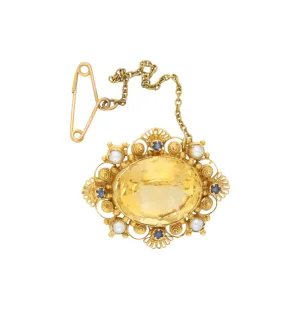 Victorian citrine, sapphire and pearl brooch