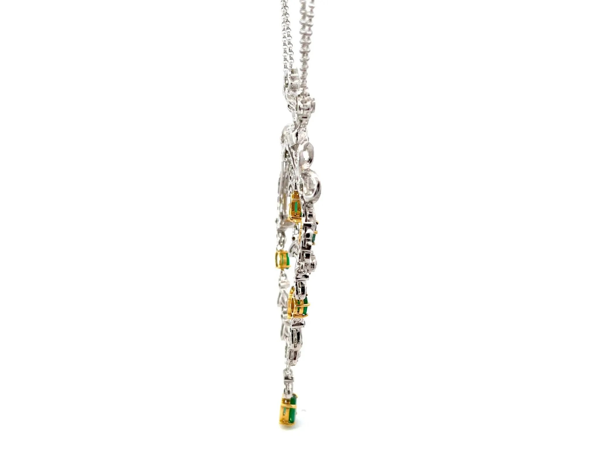 Victorian Diamond and Emerald Dangly Pendant Necklace in 18k White Gold