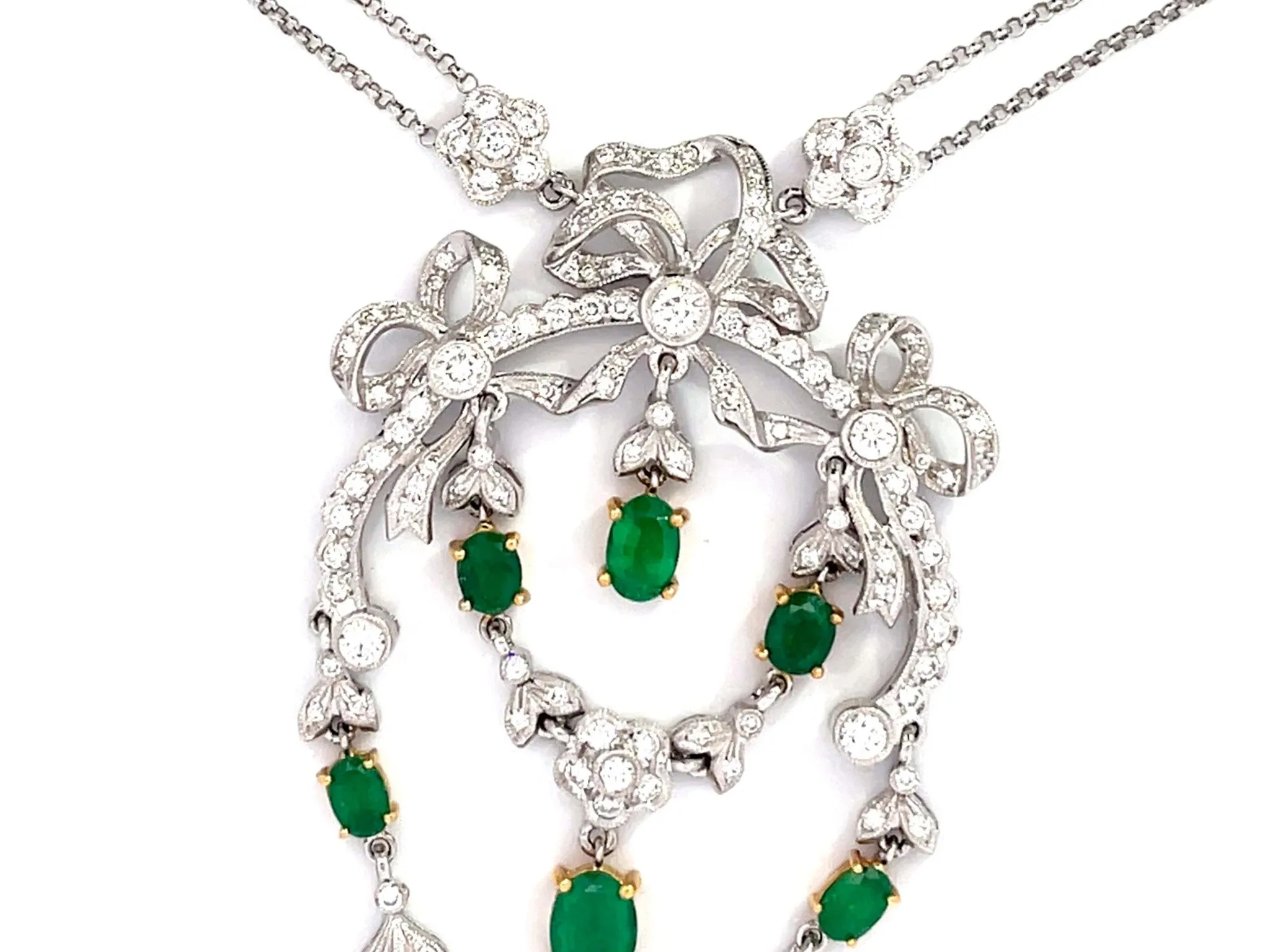 Victorian Diamond and Emerald Dangly Pendant Necklace in 18k White Gold