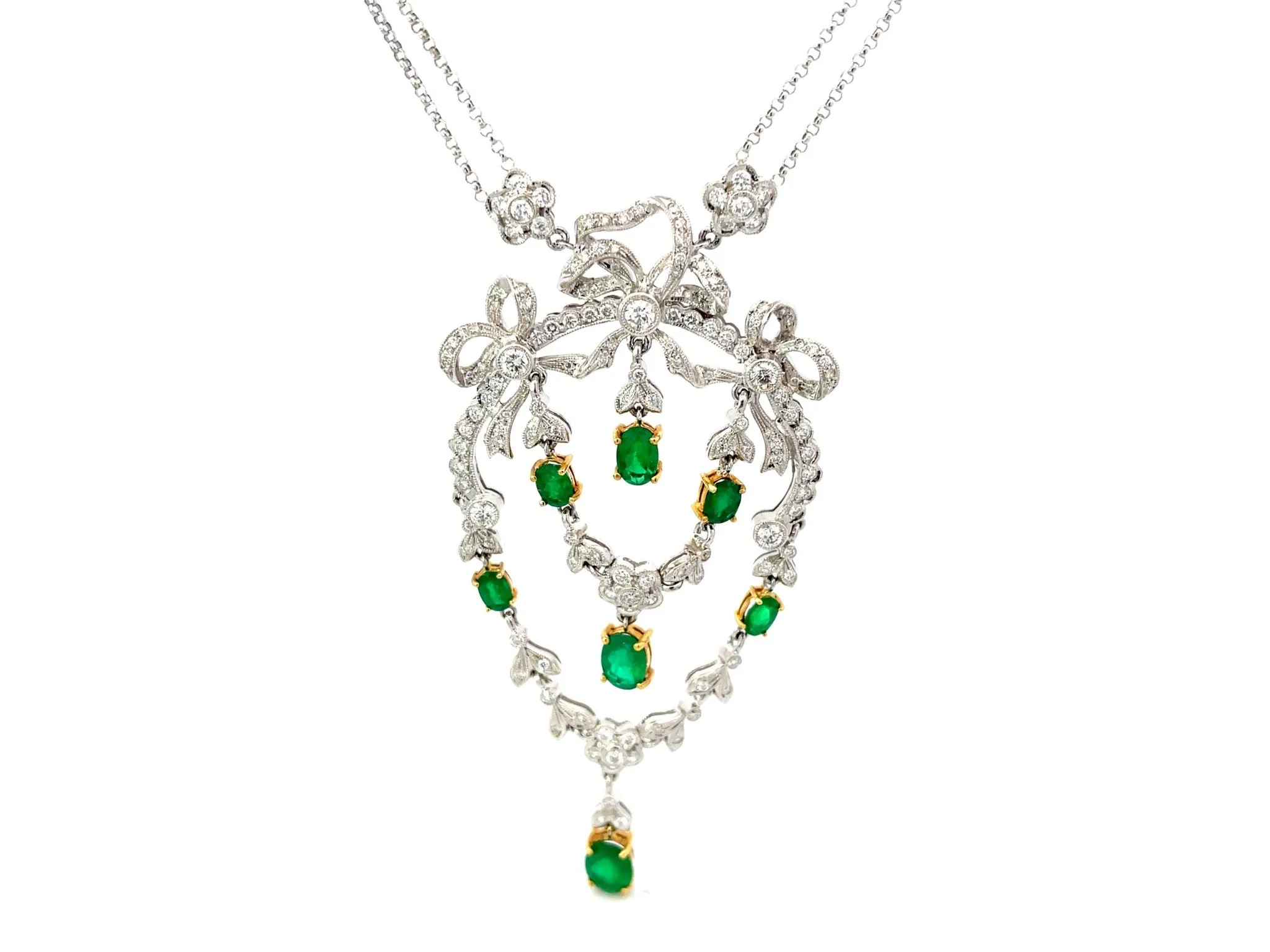 Victorian Diamond and Emerald Dangly Pendant Necklace in 18k White Gold