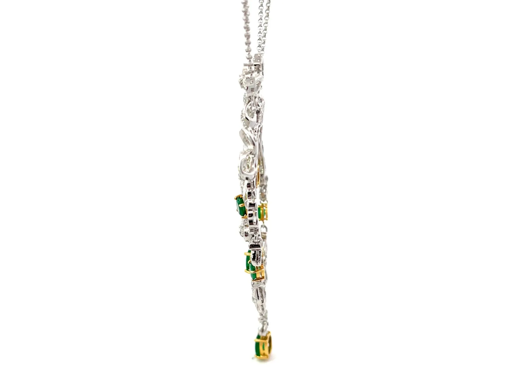 Victorian Diamond and Emerald Dangly Pendant Necklace in 18k White Gold