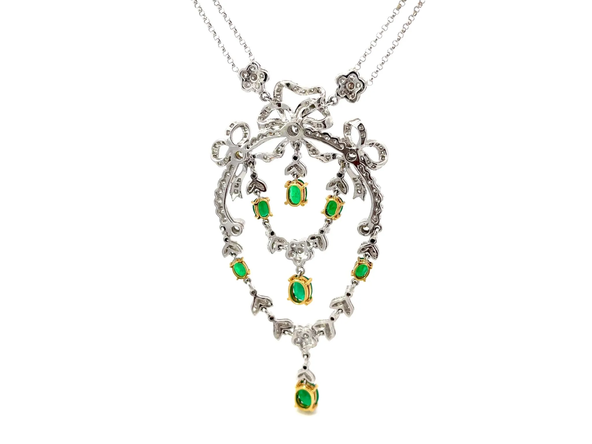Victorian Diamond and Emerald Dangly Pendant Necklace in 18k White Gold